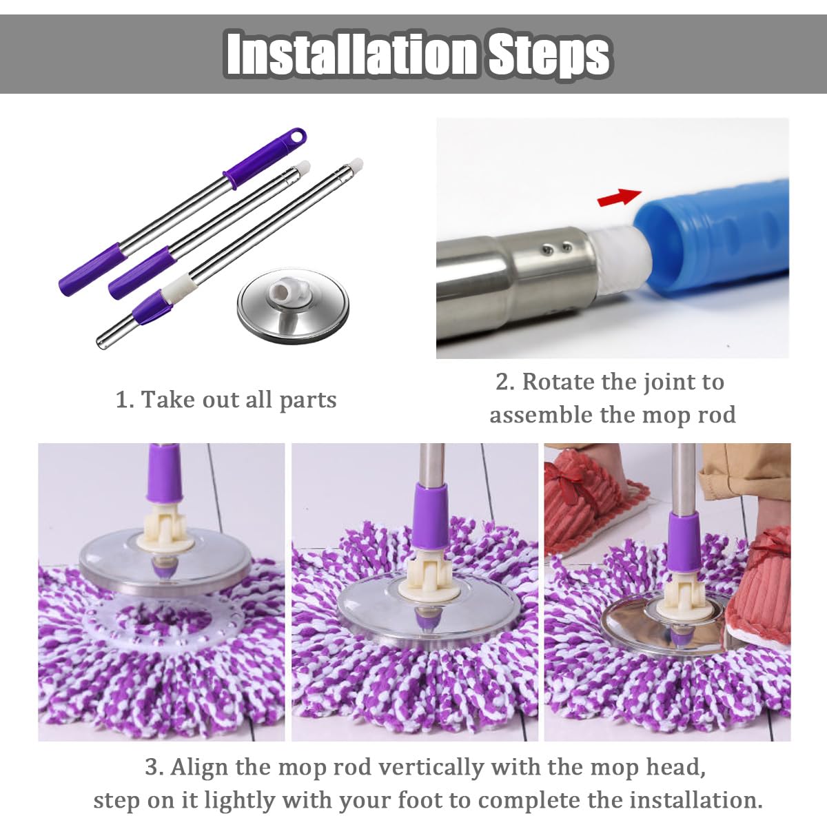 360 Degree Rotating Telescopic Spin Mop Replacement Handle - 49 Inch Stainless Steel Mop Stick for Spin Mop Bucket System (Khaki) - Perfect for Hardwood Floors, Tile & Kitchen Cleaning