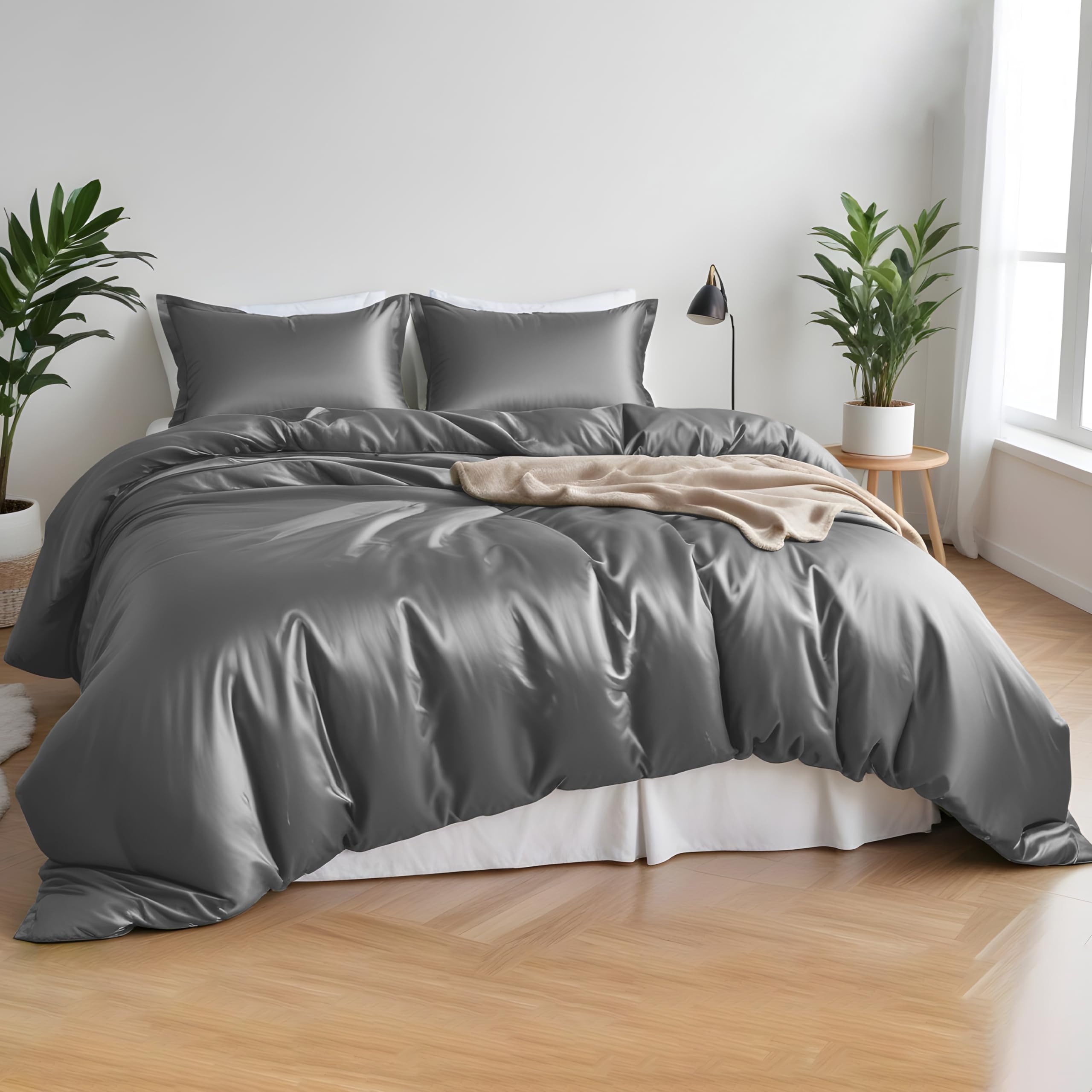 Linenwalas King Size Duvet Cover Set - Soft & Breathable Bamboo Viscose, Lightweight Cooling Comforter Cover with Zipper Closure & Corner Ties, Includes Fitted Sheet (King, Light Grey) - Perfect for Hot Sleepers & All-Season Bedding Comfort
