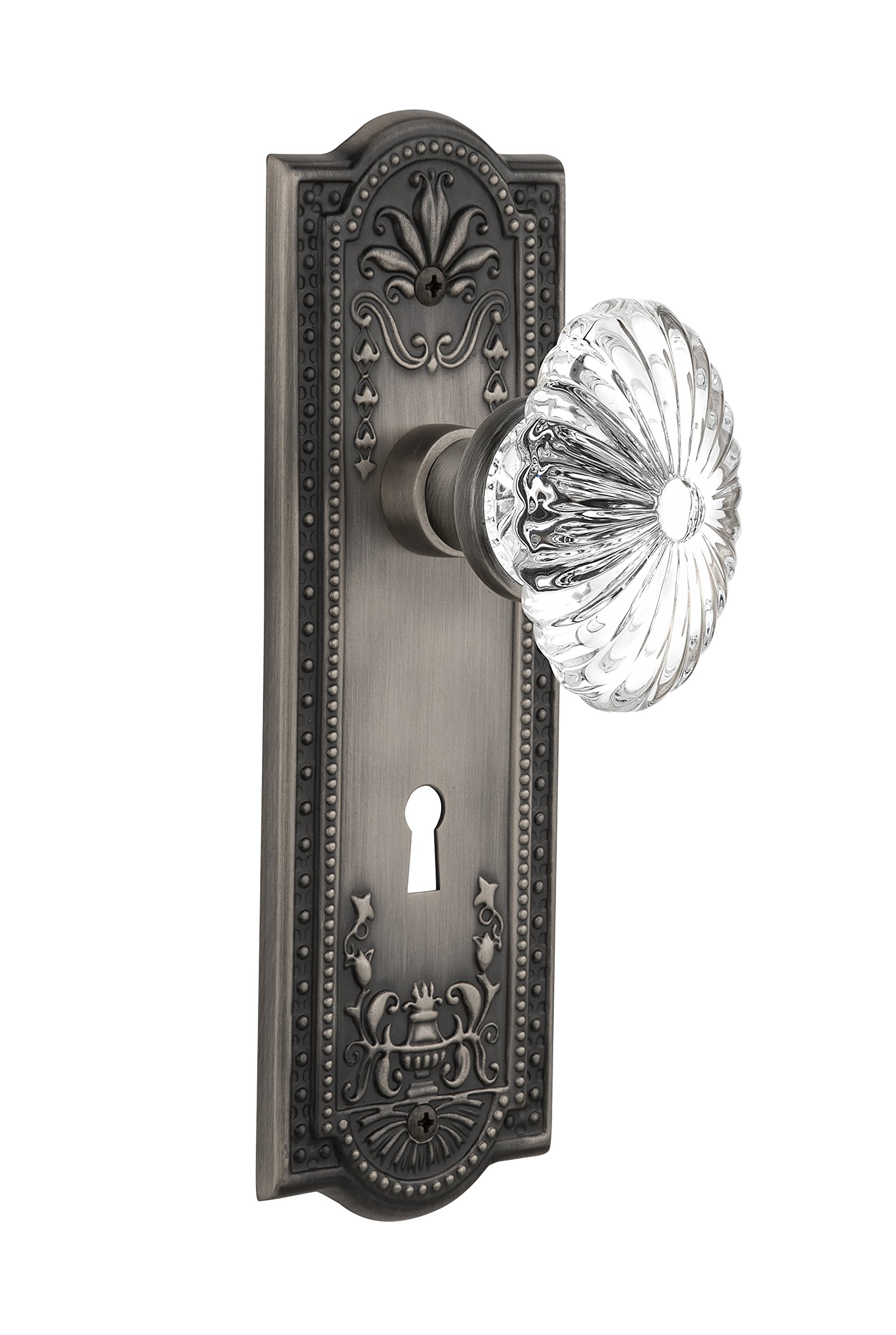 Antique Pewter Meadows Plate with Keyhole Oval Fluted Crystal Glass Knob - Nostalgic Warehouse 711925 Single Dummy Door Handle - Perfect for Vintage Home Decor & Cabinet Hardware Upgrade