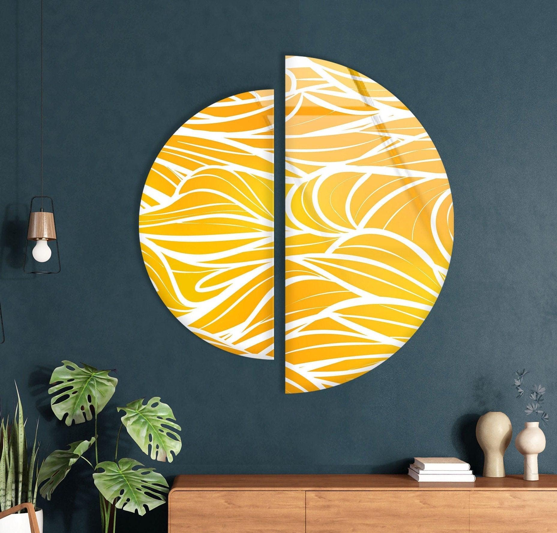 2 Piece Yellow & White Glass Wall Art Set - Modern Abstract Home Decor for Living Room, Bedroom & Office - Handmade Glass Wall Hangings for Stylish Interior Design