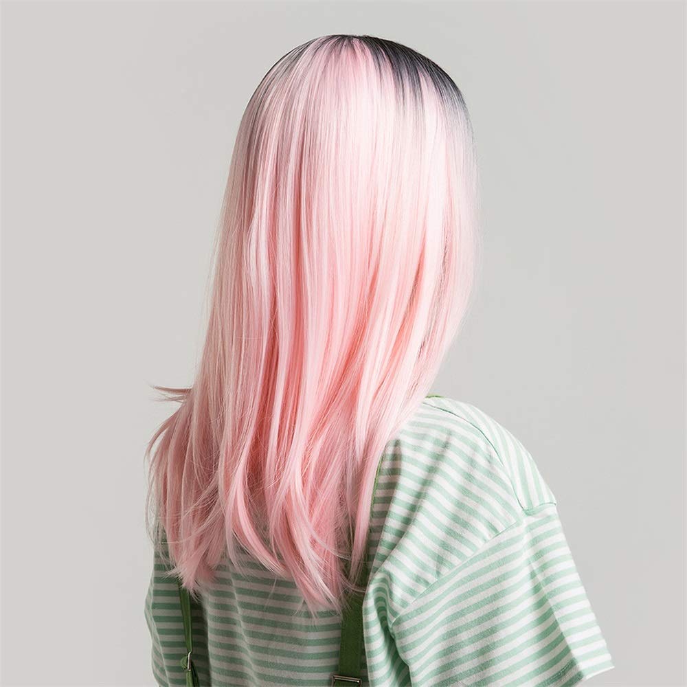 Warooma Synthetic Hair Wigs for Women - Straight & Natural Curly Styles with Black to Ice Pink Gradient - 20 Inch Heat Resistant Wig for Cosplay, Halloween, Daily Wear & Fashion