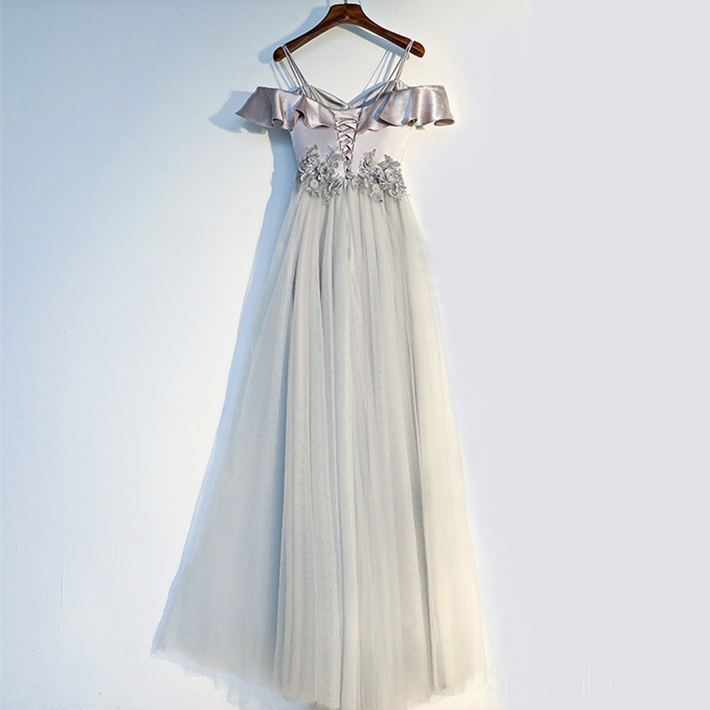 Elegant Off Shoulder Grey Tulle A-Line Prom Dress for Evening Party | Custom Long Formal Gown | Homecoming & Wedding Guest Dress