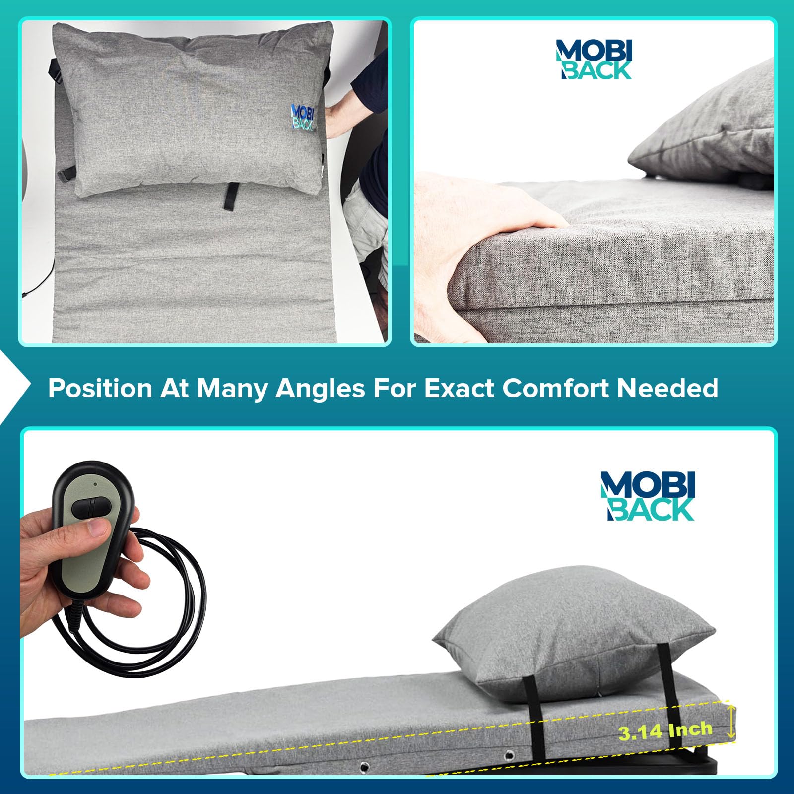 Mobi-Back Gen 2 Electric Adjustable Bed Backrest - Medical Grade Lifting Pillow with Pump System for Elderly & Pregnancy Support - Perfect for Sit-Up Assistance, Reading in Bed & Post-Surgery Recovery