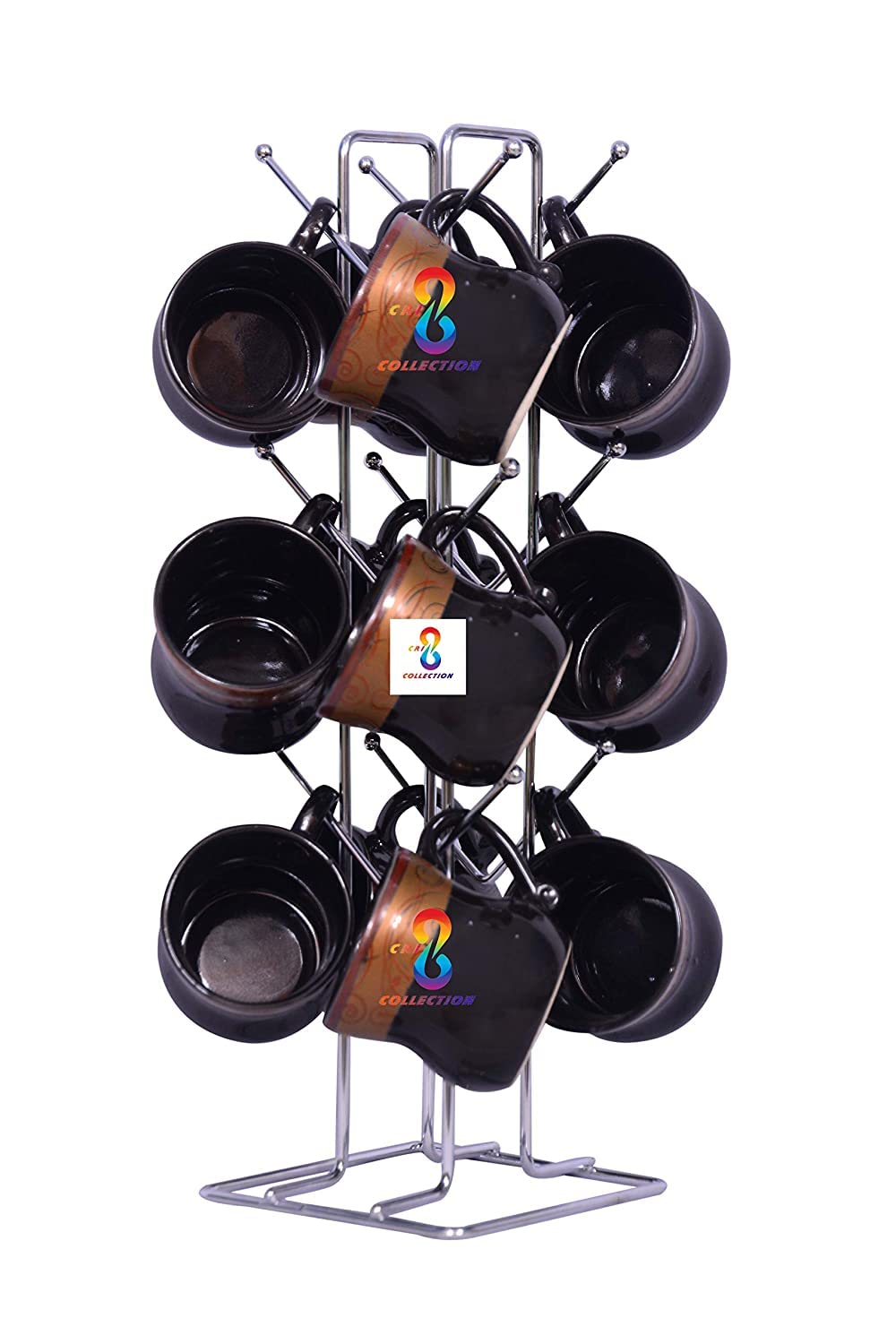 12-Piece Multipurpose Stainless Steel Spice Rack & Cup Holder - 2-Tier Kitchen Storage Shelf with 12 Hooks for Mugs, Spices & Utensils - Perfect for Coffee Bars, Pantry Organization & Small Space Storage