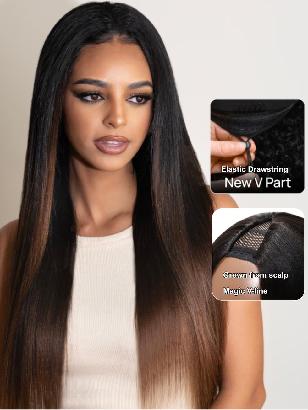 UNICE EasiContour V Part Wigs Human Hair Yaki Straight Glueless Wigs - No Sew in No Glue Ombre Chestnut Brown Clip-in V Part Wig (24 inch) | Beginner Friendly Upgrade U Part Human Hair Wig for Daily Wear, Parties & Special Occasions