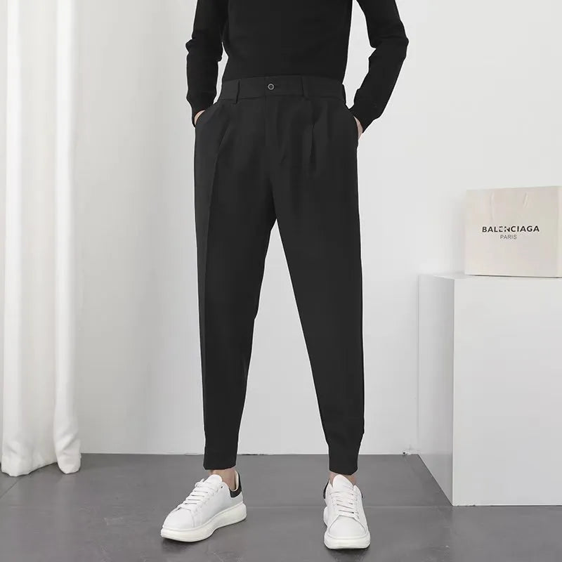 Stylish Men's Casual Elastic Waist Slim Fit Tapered Korean Blazer Pants - Streetwear Fashion for Work, Date Night & Everyday Wear