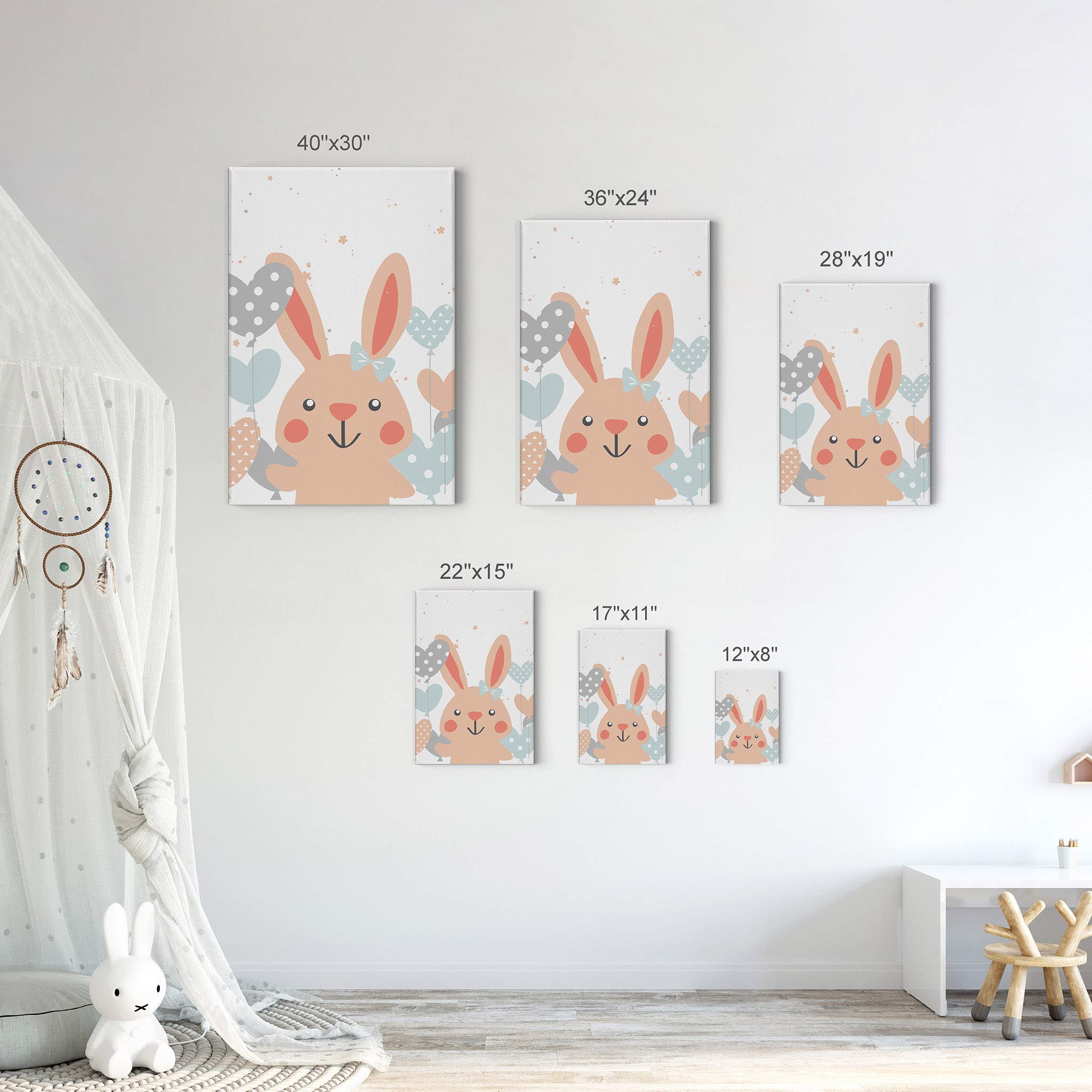 Cute Pink Rabbit with Balloons Canvas Print - 40x30 Inch Nursery Wall Art, Kids Room Decor, Baby Shower Gift (White Background, Made in USA) | Perfect for Children's Bedrooms, Playrooms & Daycare Centers