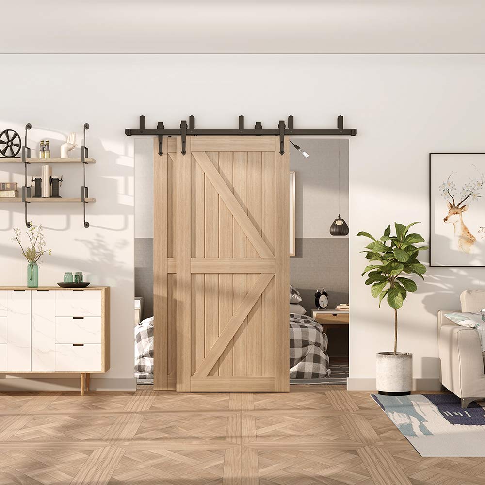 ZEKOO 12FT Double Bypass Barn Door Hardware Kit - Black Roller Hanger for Double Wooden Doors | Heavy Duty Sliding Track System | Perfect for Bedroom, Closet & Farmhouse Style Home Décor