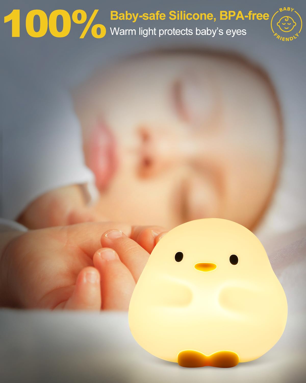 DuDu Duck Night Light - Cute Squishy Silicone Baby Nursery Lamp with 30-Min Timer | Rechargeable Touch Control Bedside Light for Bedroom, Kids Room & Nursery | Perfect for Night Feedings, Soothing Toddlers & Creating Cozy Atmosphere