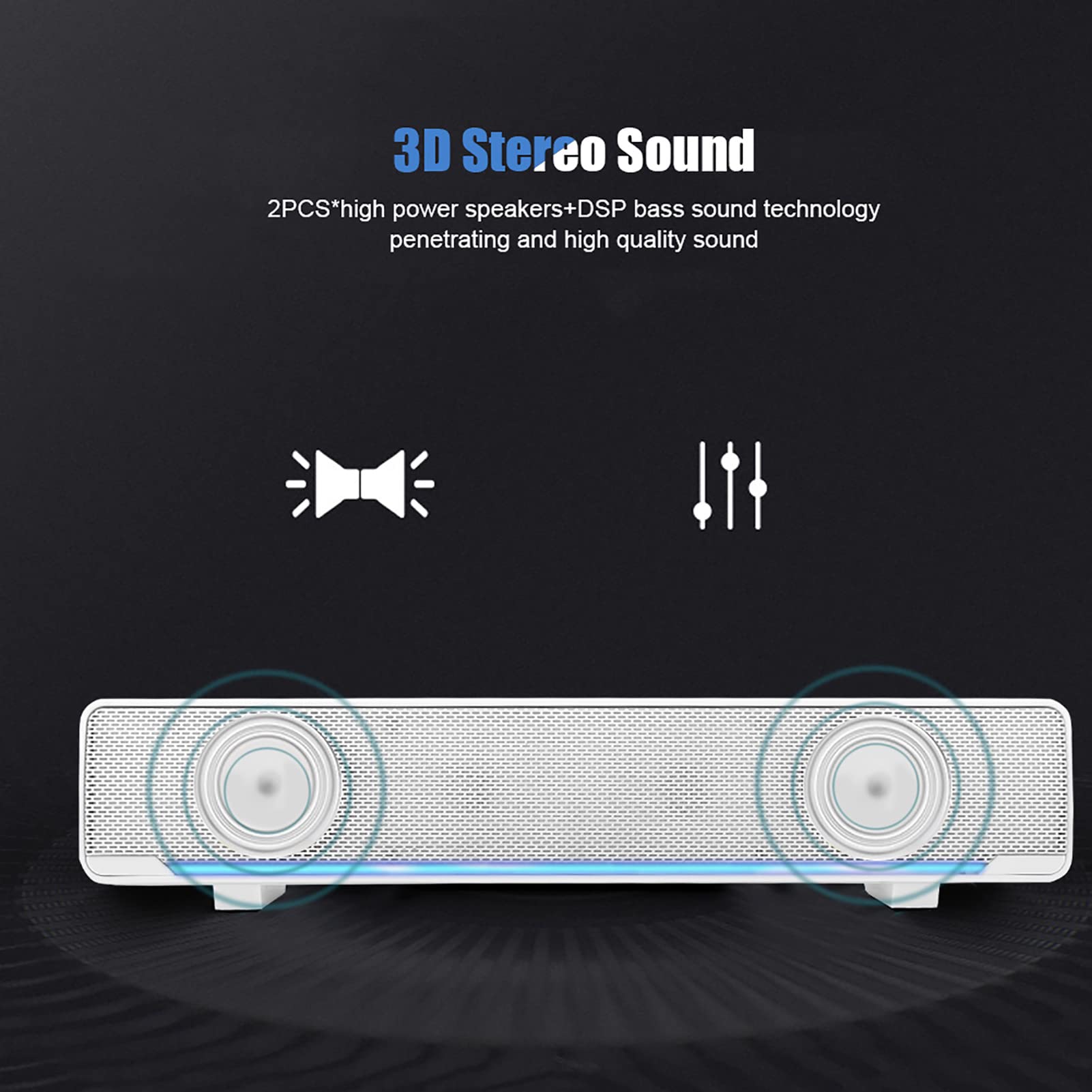 USB Powered Computer Soundbar with Dual Stereo Speakers, Wired Laptop Speaker Bar with 3.5mm Audio Plug & LED Lighting, Perfect for Gaming PC, Desktop Monitor, Laptop, Tablets - Ideal for Home Office, Streaming & Multimedia (White)