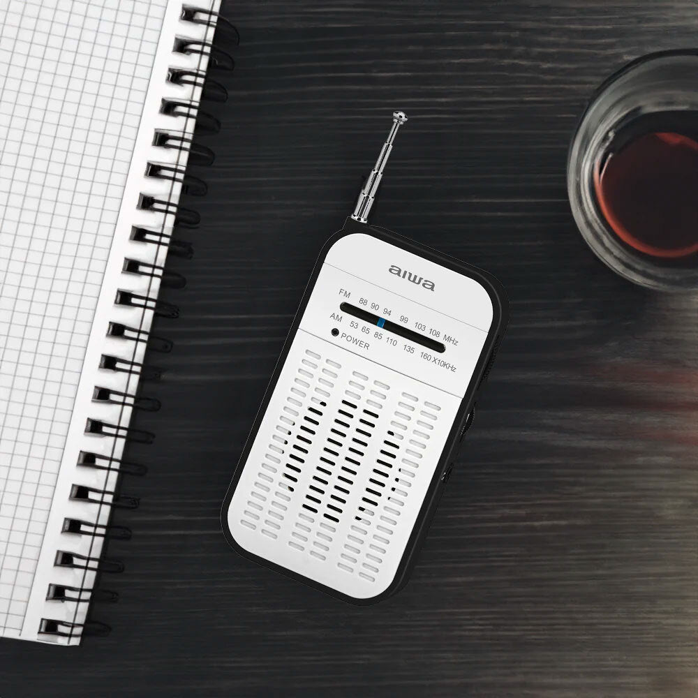 Aiwa Portable AM/FM Radio with AAA Battery - Compact Handheld Transistor Radio for Emergency, Camping, Travel & Outdoor Activities (White)
