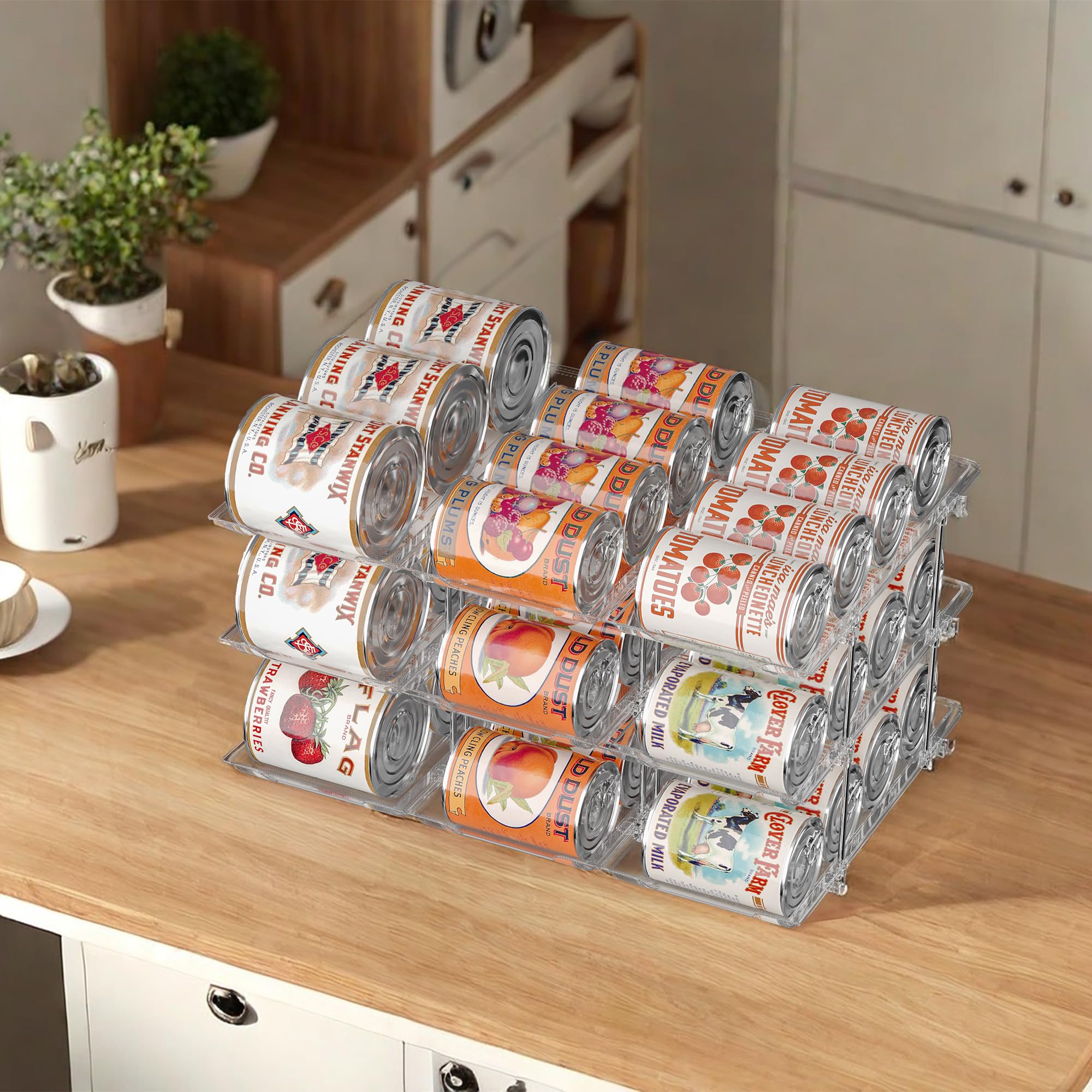 Automatic Rolling Can Organizer for Pantry & Fridge - Holds 36 Cans, Fits 5.8-Inch Soda Cans (Set of 9) - Space Saving Food Storage Rack for Kitchen Organization & Beverage Dispensing