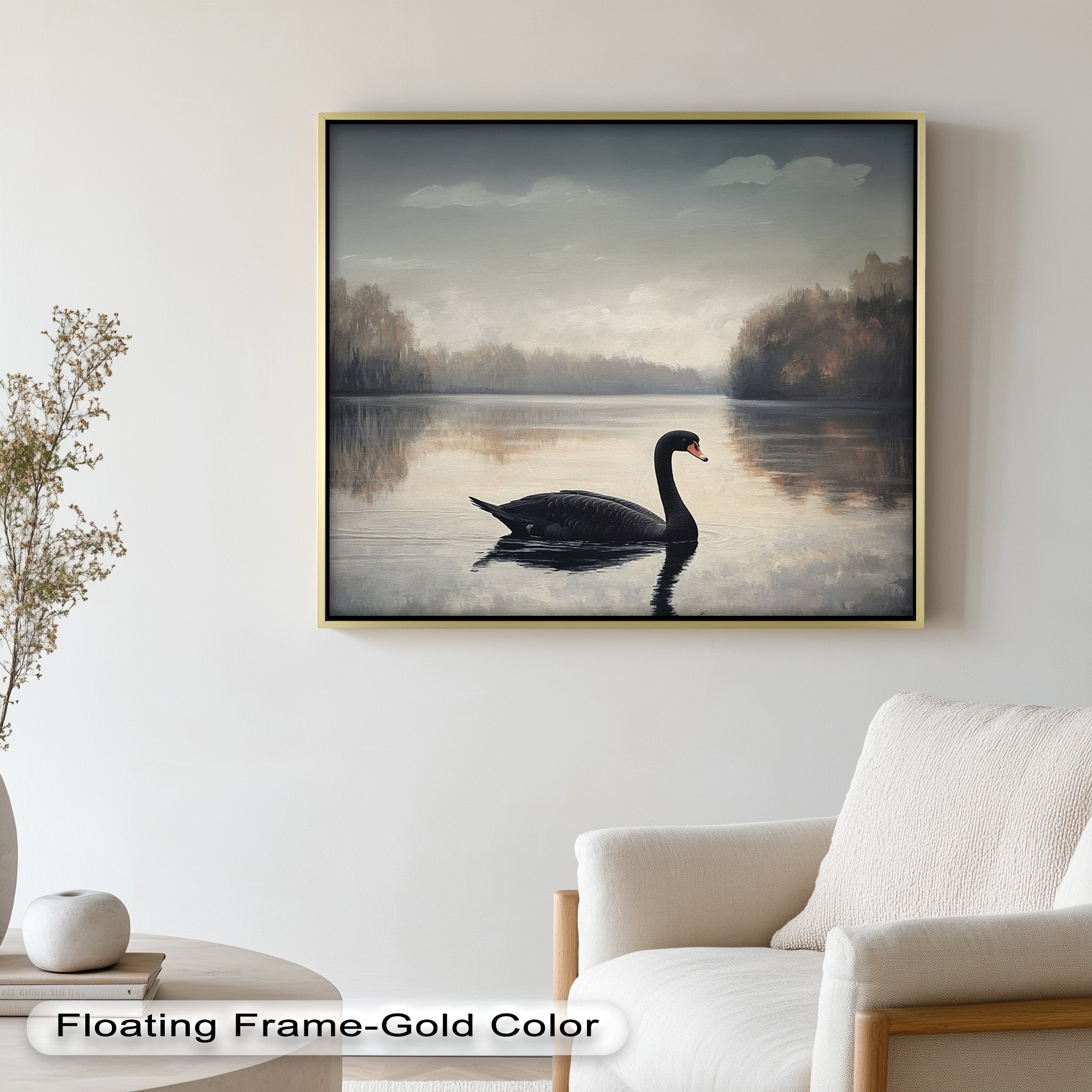 Black Swan at Dusk - Hand Painted Lake Landscape Oil Canvas Artwork - Perfect for Living Room, Bedroom, or Office Wall Decor