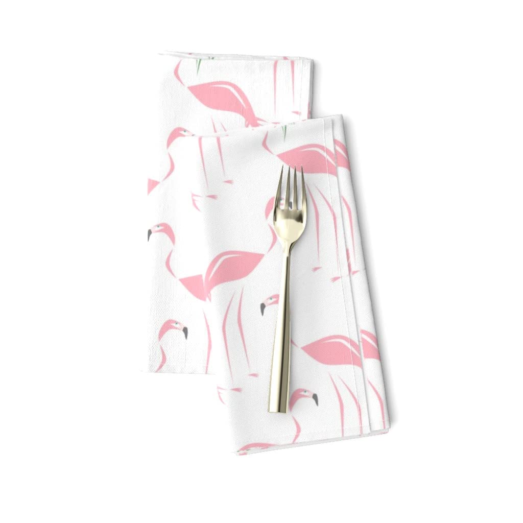 Retro Flamingo Tropical Print Linen Cotton Canvas Dinner Napkins (Set of 2) - Pink White Green Birds Design for Dining, Parties & Home Decor | Eco-Friendly & Washable