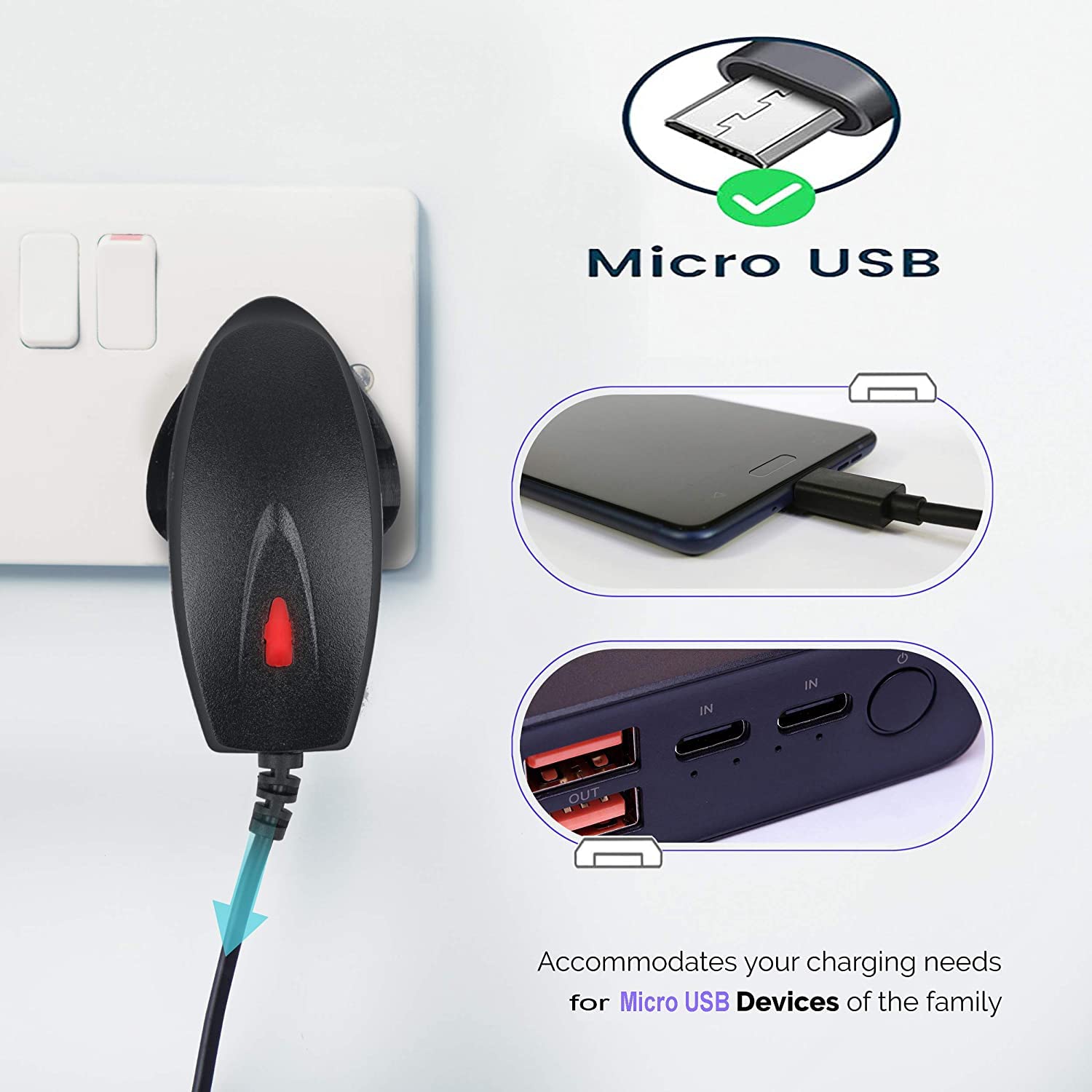 KP TECHNOLOGY® Samsung Galaxy A03/J1/J2/J3/J4/J4+/J5/J6/J6+/J7/J7 Prime/J7 Prime 2/A7 2018/A10/Grand Prime/Ace 3 Micro USB Wall Charger - Fast Charging Adapter for Home, Office & Travel