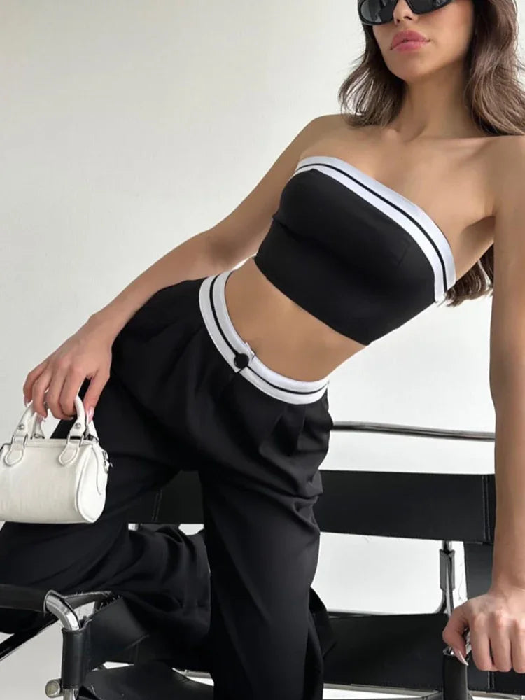 Black Women's Tracksuit Set - Sexy Boob Tube Top with Slash Neck & Contrast Color Wide Leg Pants | 2-Piece Outfit for Gym, Streetwear & Casual Fashion