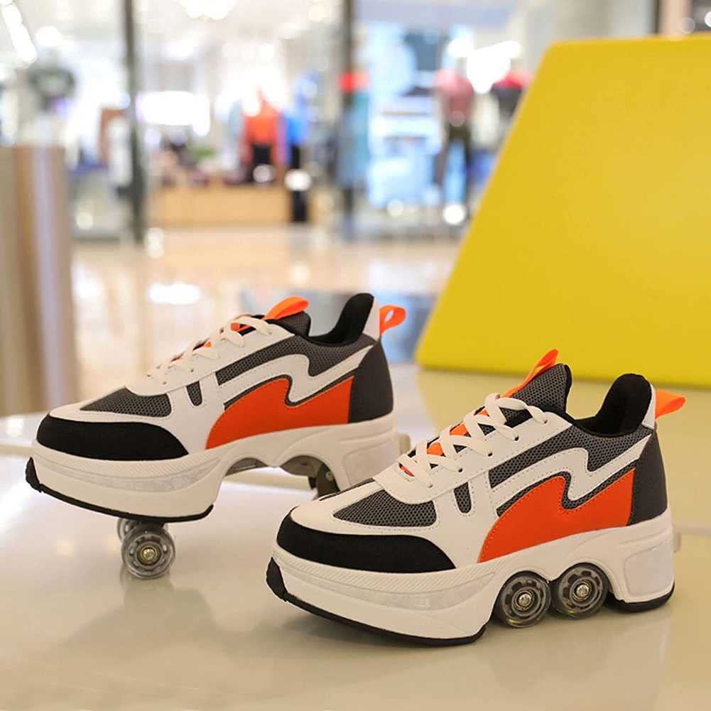 Double-Row Wheel Automatic Walking Shoes - 2-in-1 Removable Pulley Skates for Men & Women | Invisible Deformation Roller Sneakers for Recreation, Fitness & Outdoor Activities