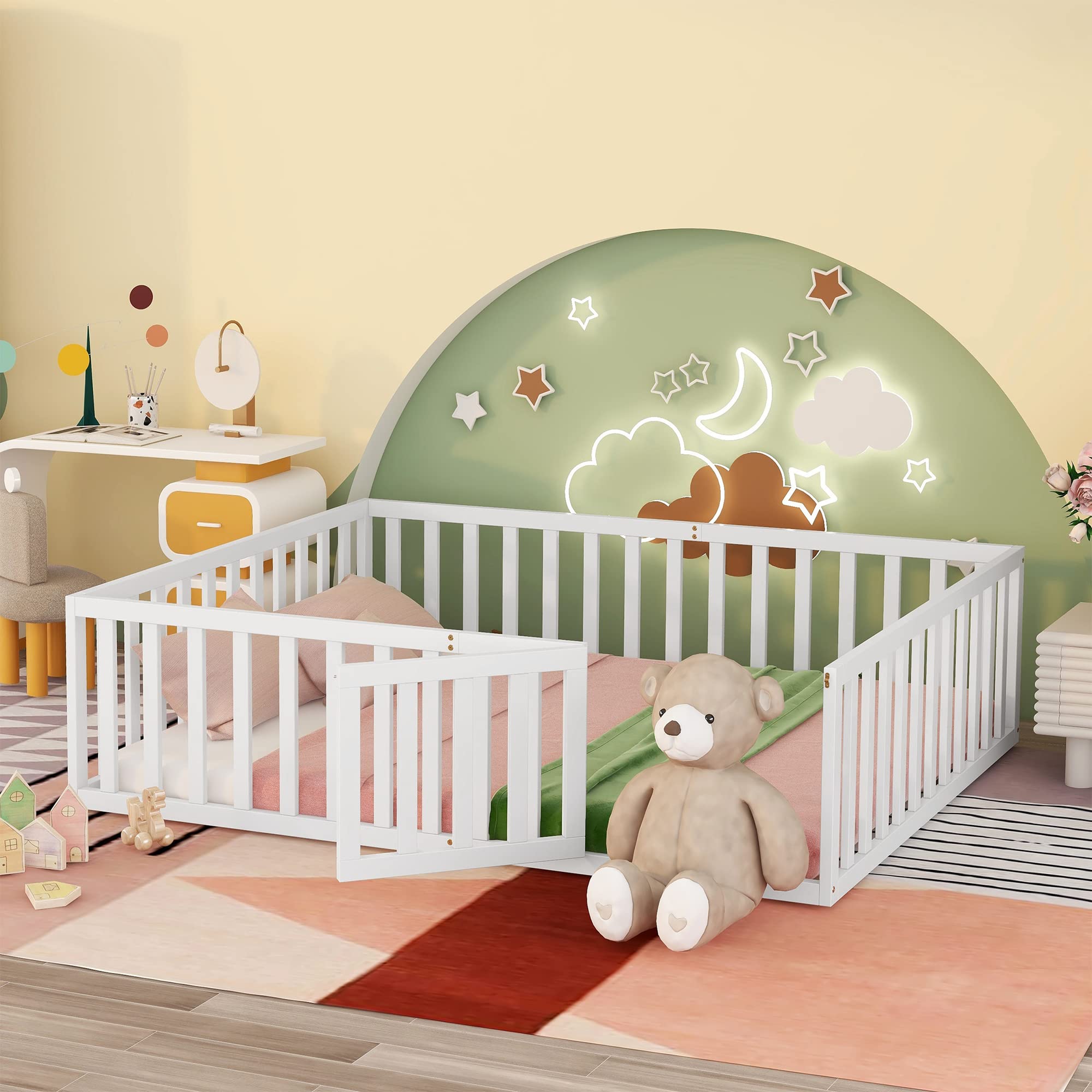Montessori Queen Size Floor Bed Frame with Rails & Door - Low Height Wooden Bed for Kids, Boys & Girls - Perfect for Montessori Bedrooms, Daycare, or Playrooms