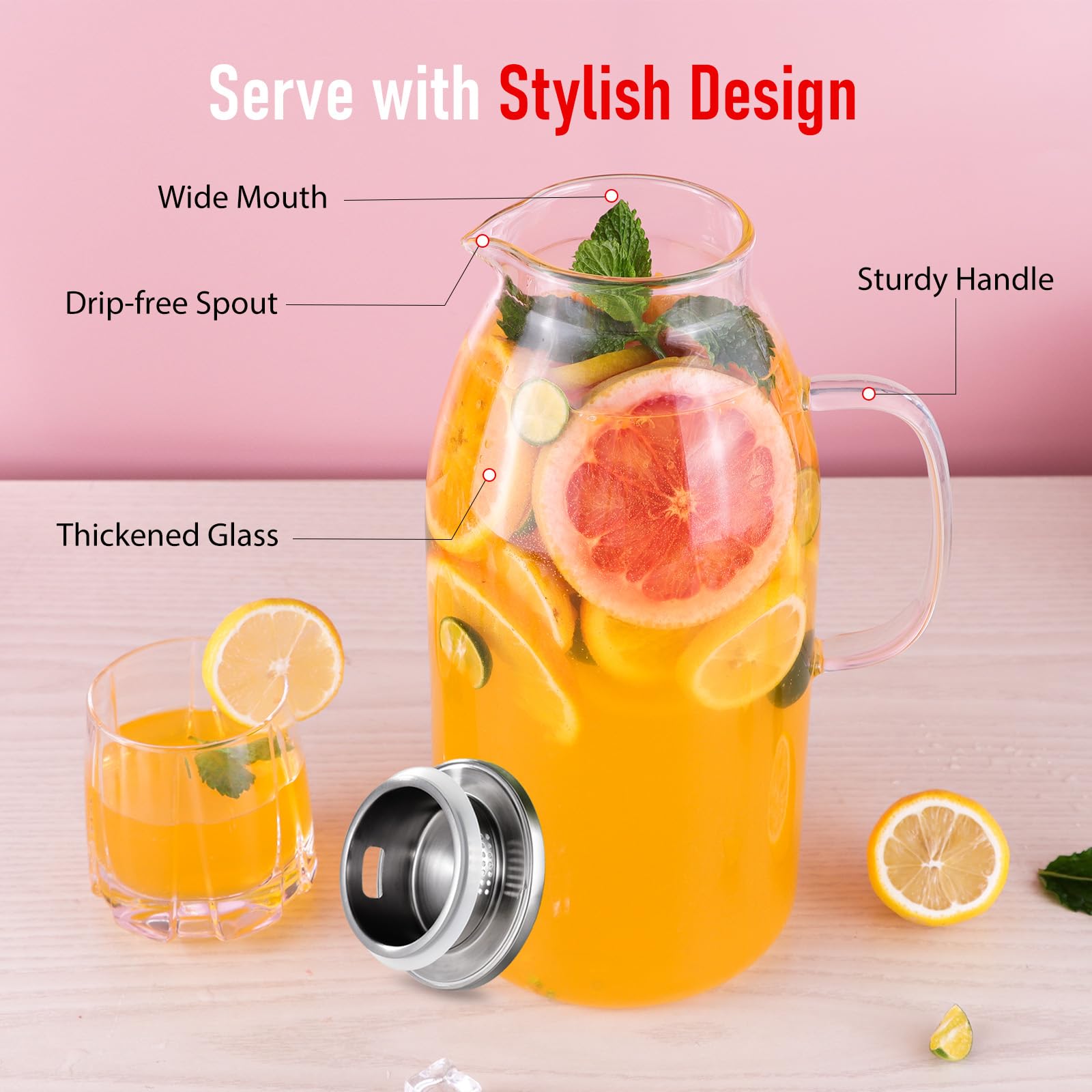 Veecom 105 Oz Large Glass Pitcher with Lid - BPA-Free Water Pitcher with Handle for Iced Tea, Lemonade & Juice - Perfect for Parties, Refrigerator Storage & Entertaining - Durable Drink Dispenser for Home, Office & Outdoor Gatherings