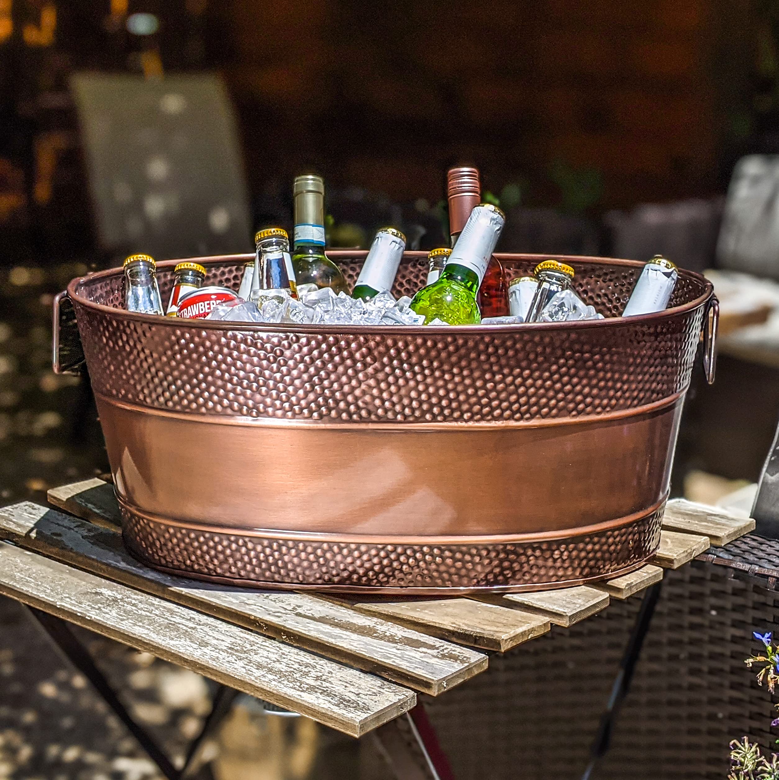 BREKX 25 Quart Copper Finish Aspen Hammered Galvanized Beverage Tub with Stand - Perfect for Outdoor Parties, Picnics, and Chilling Drinks at BBQs