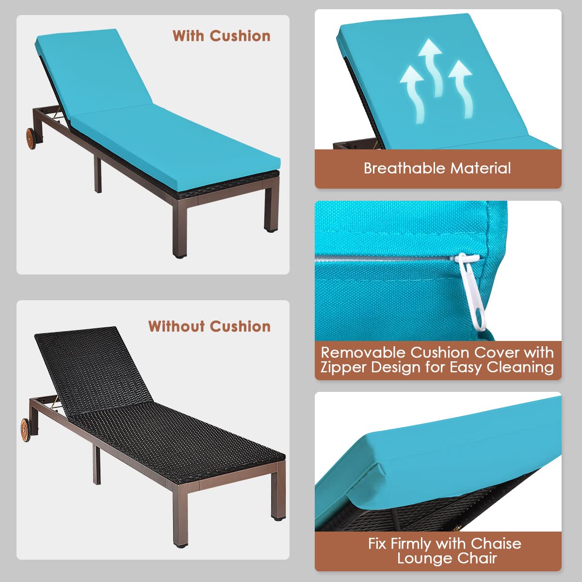 **5-Position Adjustable Patio Chaise Lounge Chair with Wheels - Foldable Metal Rattan Lounger with Cushioned Seating for Garden, Poolside & Outdoor Relaxation (Turquoise) - Perfect for Sunbathing, Reading & Lounging by the Pool**