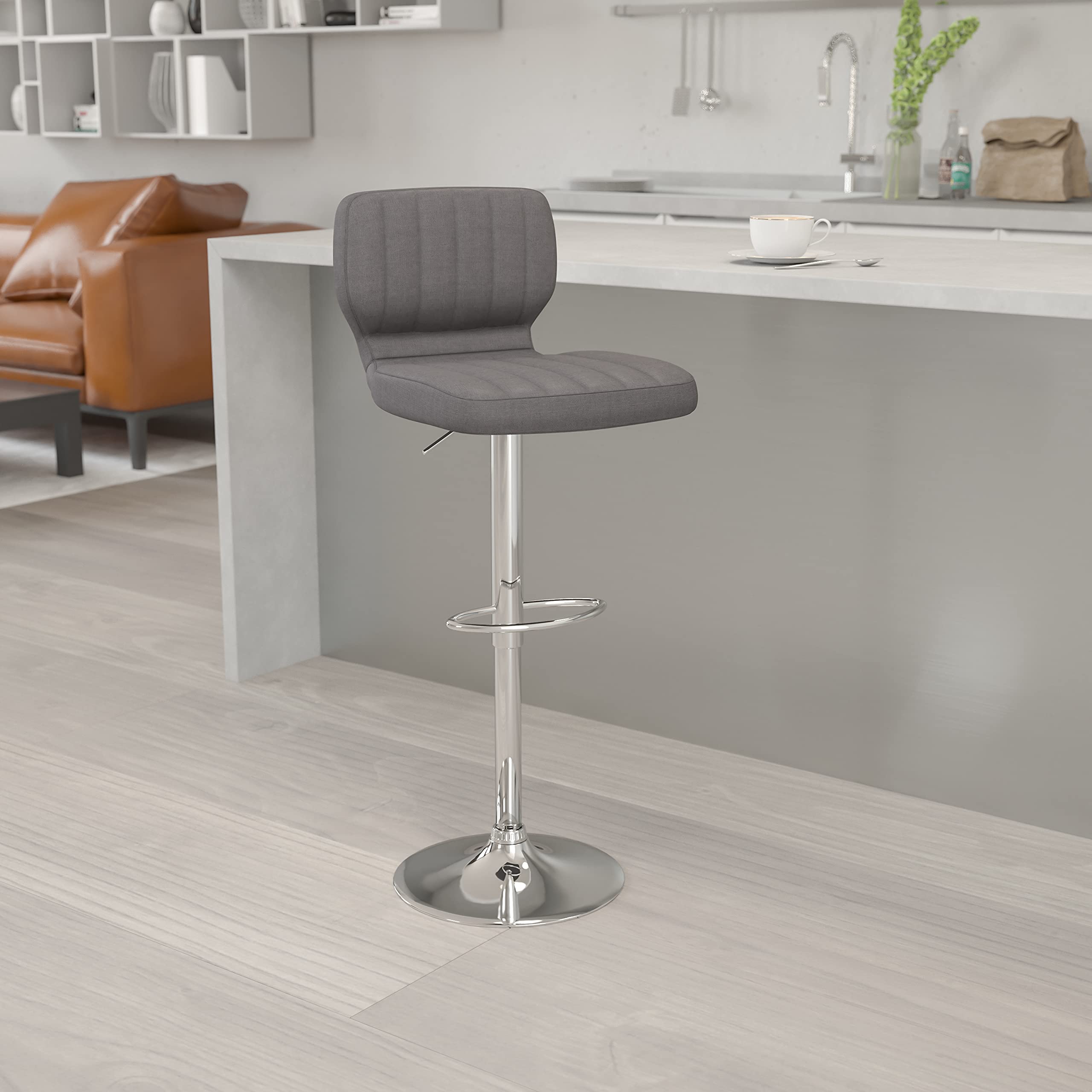 EMMA + OLIVER Adjustable Height Bar Stool with Vinyl Upholstery & Vertical Stitch Back - Gray Modern Kitchen Counter Stool for Dining, Bar, or Breakfast Nook