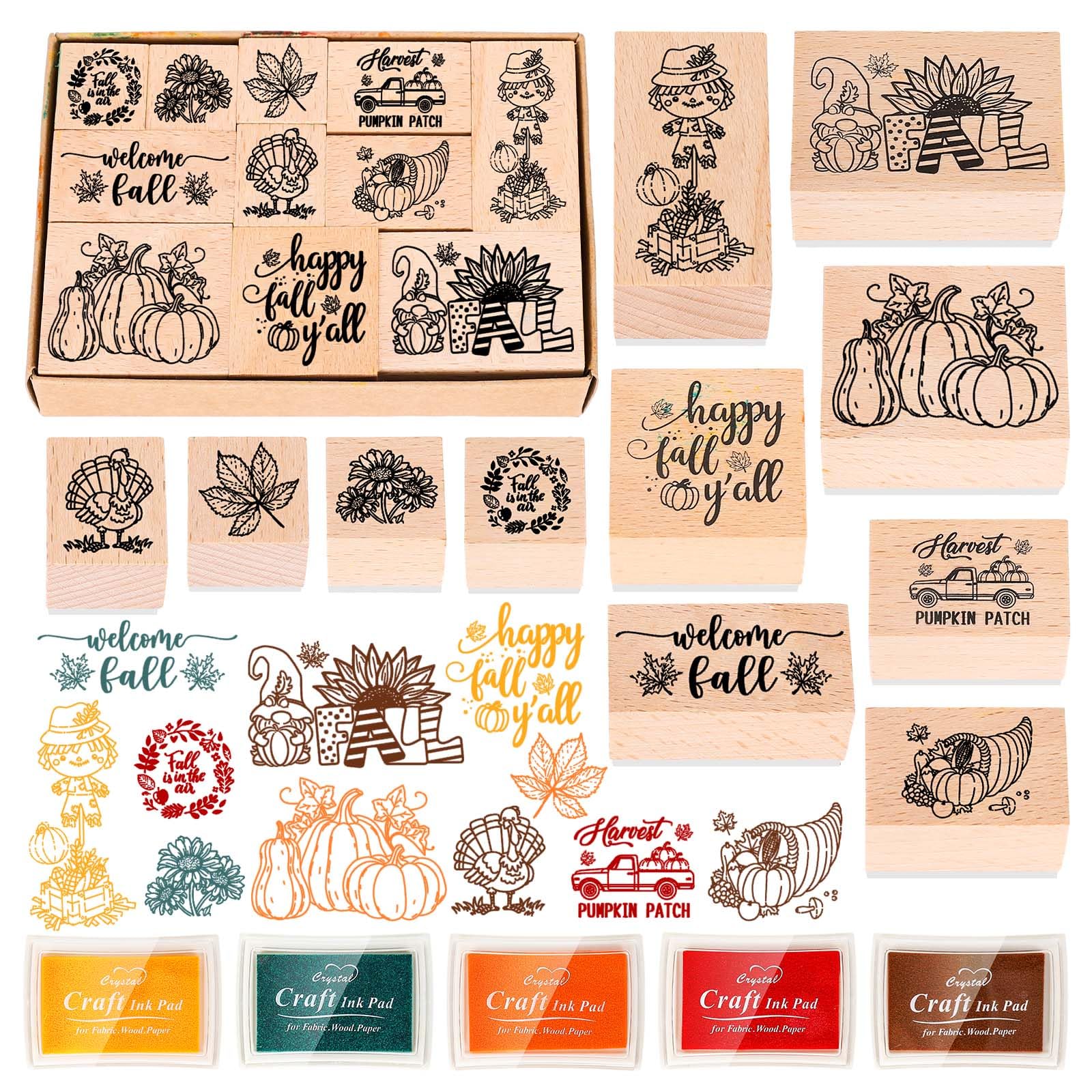 16Pcs Fall Wooden Rubber Stamps Set with Ink Pads - Autumn DIY Craft Kit for Thanksgiving Cards, Scrapbooking, Classroom Projects & Party Decorations - Perfect for Seasonal Greeting Cards, Gift Wrapping & Home Decor