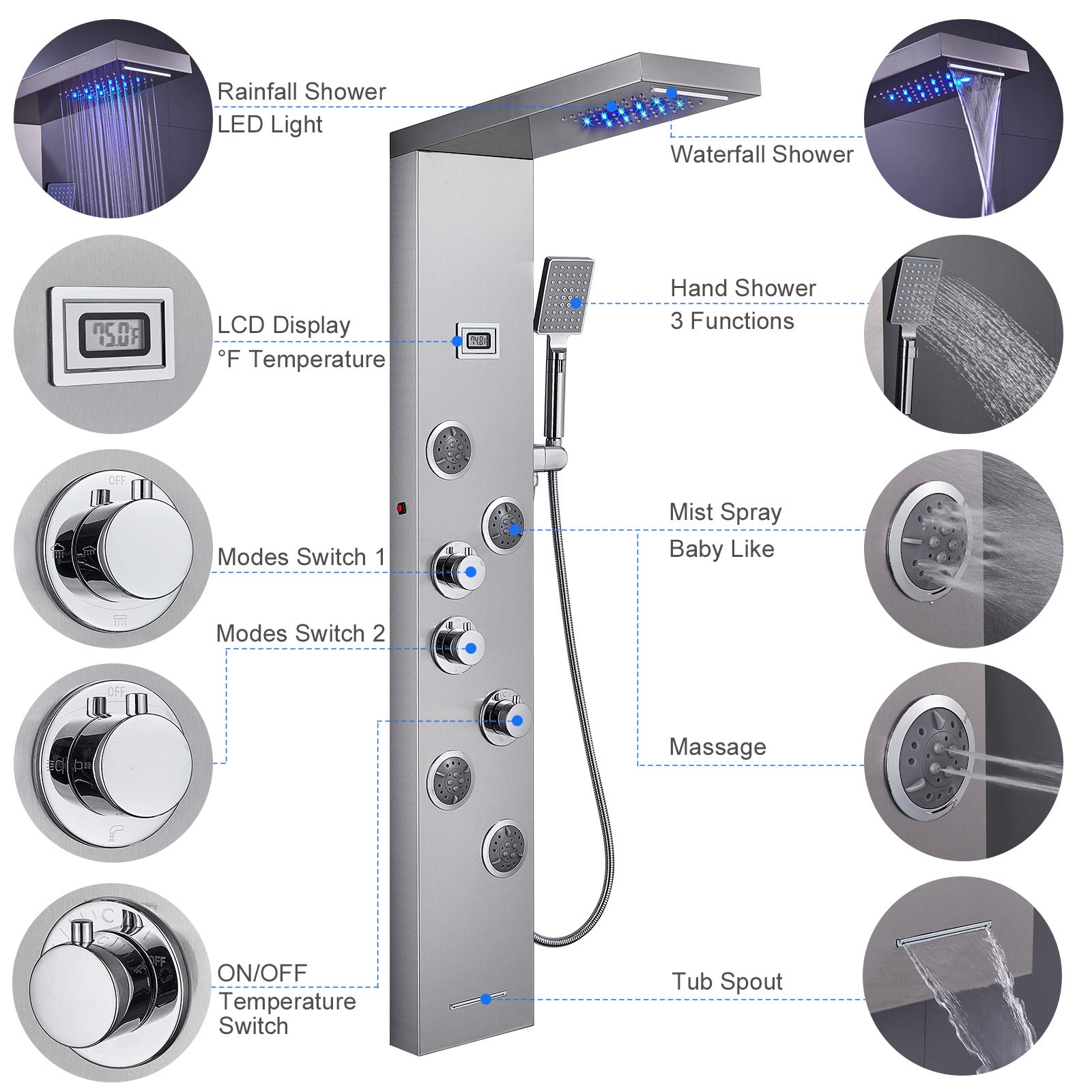 6 in 1 Stainless Steel LED Shower Panel Tower System with Rainfall Showerhead, Waterfall, Massage Jets, Tub Spout & Handheld - MENATT Brushed Finish for Luxurious Bathroom Upgrade | Perfect for Spa-Like Experience at Home