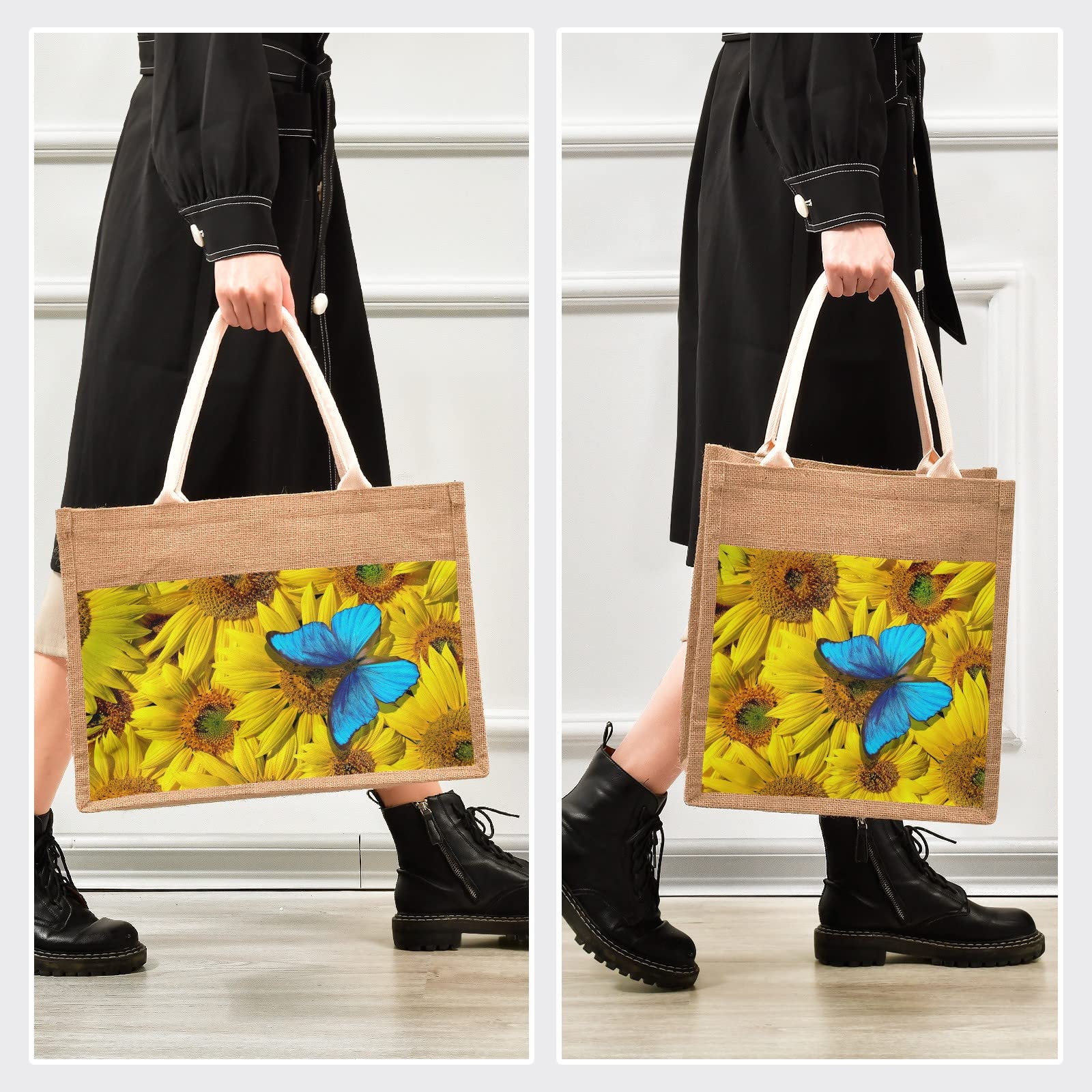 Eco-Friendly Blue Sunflower Butterfly Jute Tote Bag with Zipper & Handles - Reusable Grocery Shopping Bag with Front Canvas Pocket (10