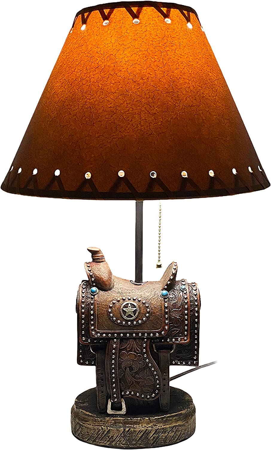 Western Cowboy Saddle Silver Star End Table Lamp - Nightstand & Living Room Accent Light for Bedroom, Office, or Western-Themed Decor - Perfect for Ranch Style Homes, Cowboy Bars, and Country Interior Design