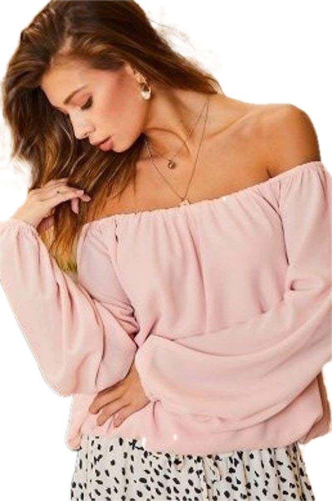 Off Shoulder Long Bubble Sleeve Solid Top Rose - Women's Fashion Blouse for Casual Wear, Date Night & Summer Outfits