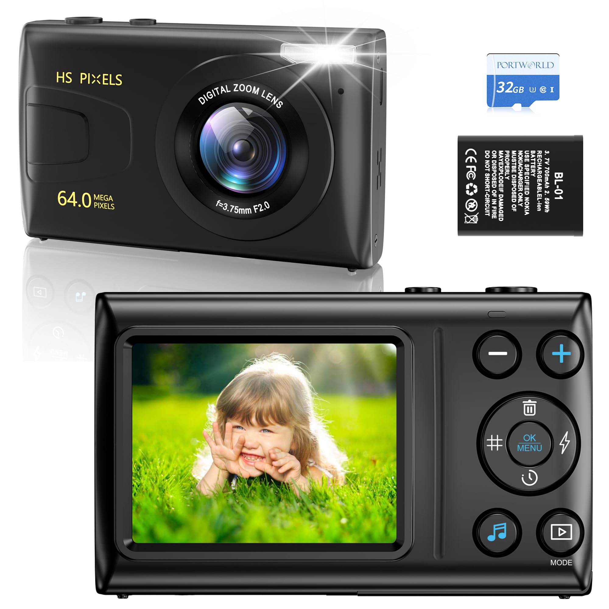 4K Kids Digital Camera - 64MP Compact Camera with 32GB TF Card, 18X Zoom, Auto Focus | Perfect Christmas Birthday Gift for Boys & Girls | Great for Travel, School, Parties & Outdoor Adventures (Black)