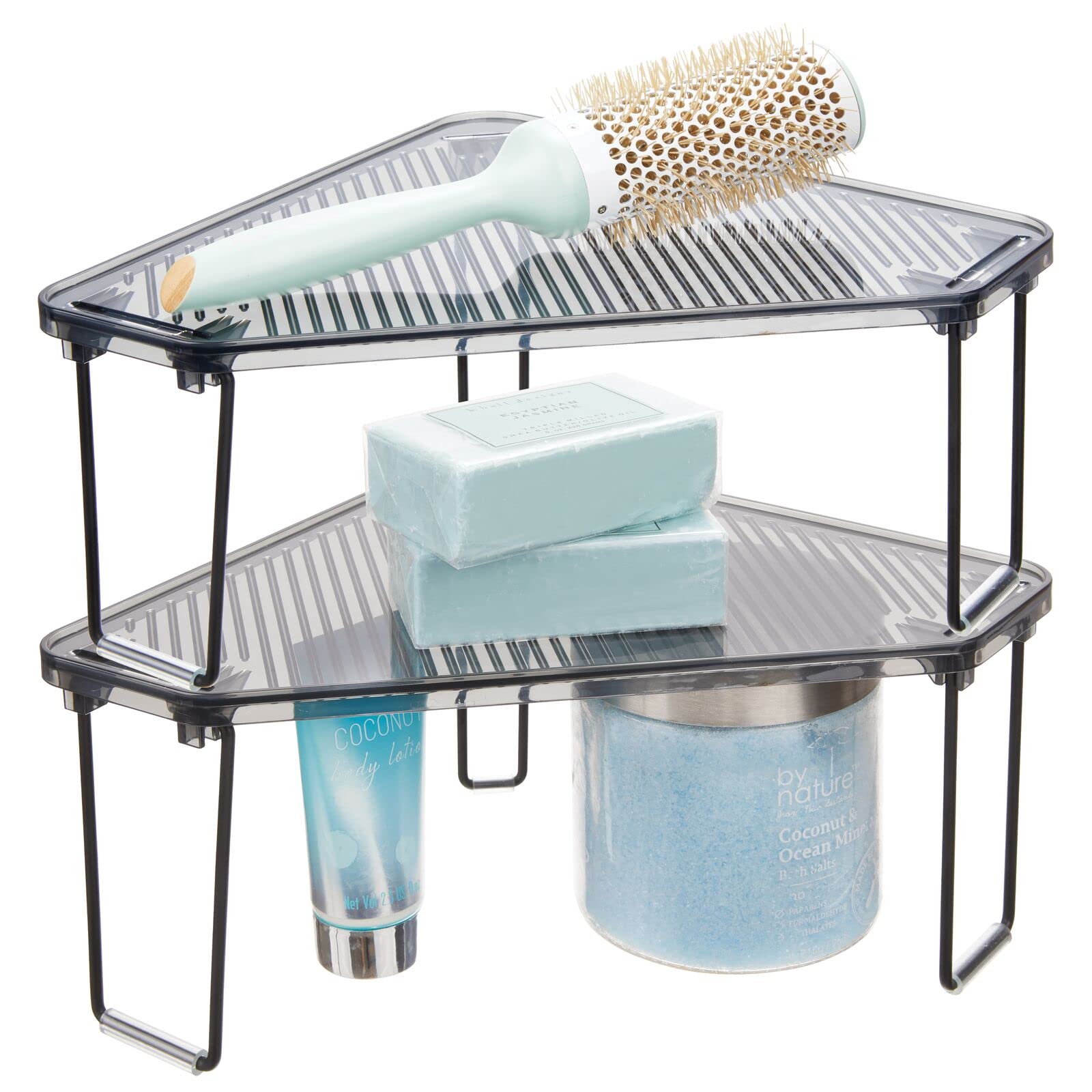 mDesign Plastic/Steel Corner Stackable Shelf Organizer - 2 Pack Black/Smoke Gray - Bathroom Vanity Storage for Makeup, Shower Accessories - Perfect for Small Spaces Under Sink, Cabinet & Countertop Organization