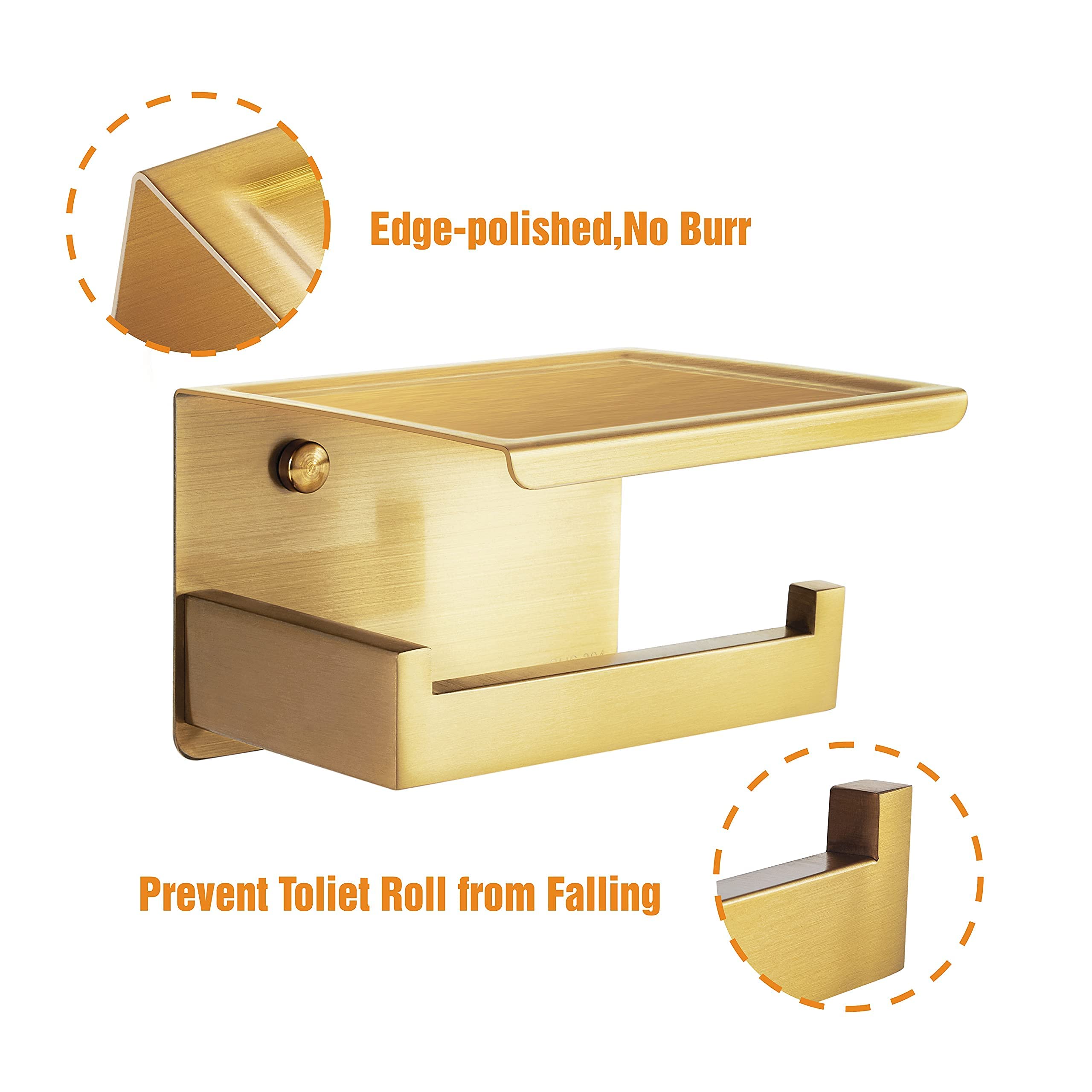 HITSLAM Gold Toilet Paper Holder - Brushed Brass Adhesive Wall-Mounted Bathroom Tissue Holder with Shelf - No Drilling Required, Easy Installation for Small Bathrooms, Apartments and RVs