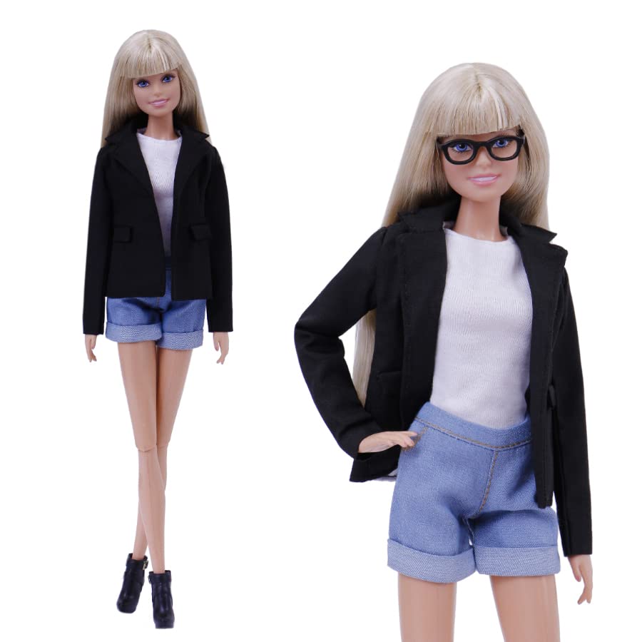 ElenPriv Black Jacket, Blue Shorts & White Top Fashion Outfit for 11.5 Inch Dolls - Stylish Doll Clothes Set for Playtime, Collecting & Photo Shoots
