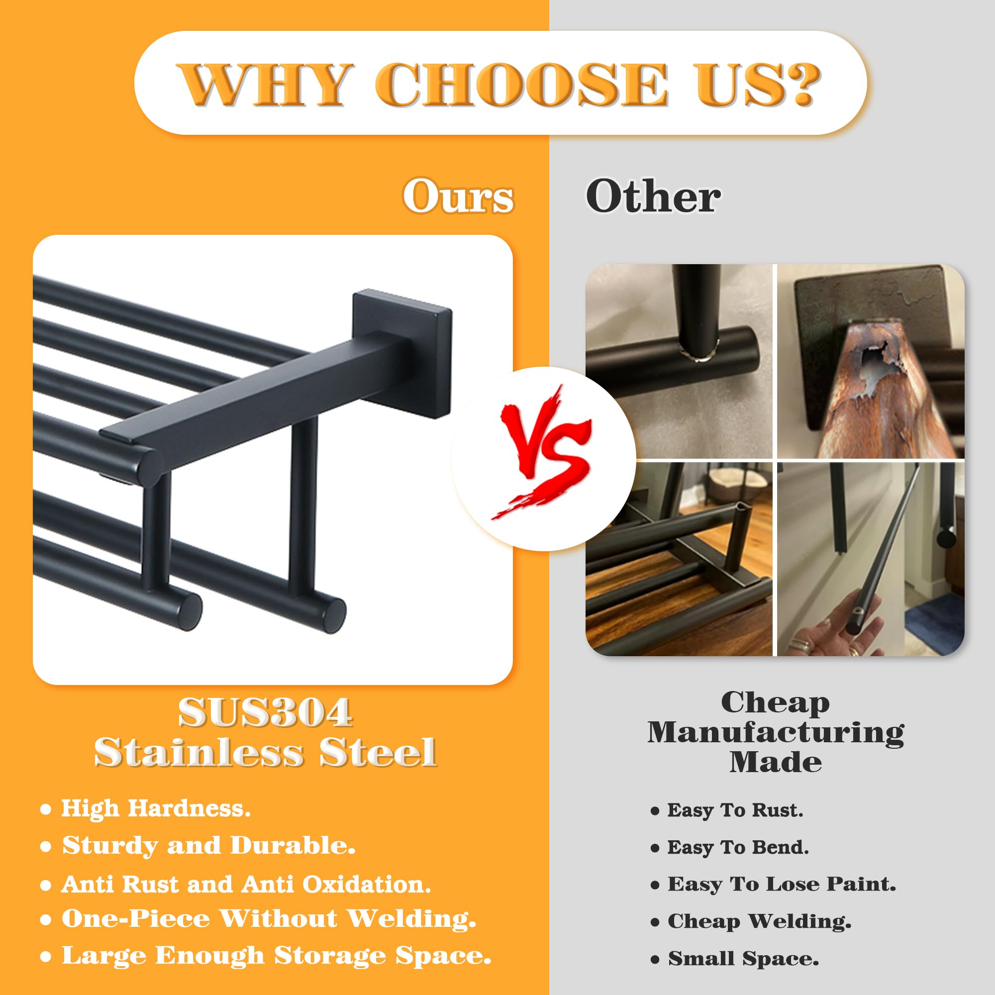 Stainless Steel Towel Rack - 16 Inch Double Towel Bar Holder with Shelf for Bathroom, Lavatory & Kitchen - SUS 304 Wall Mount Hanger in Matte Black - Perfect for Spa, Gym & Home Decor