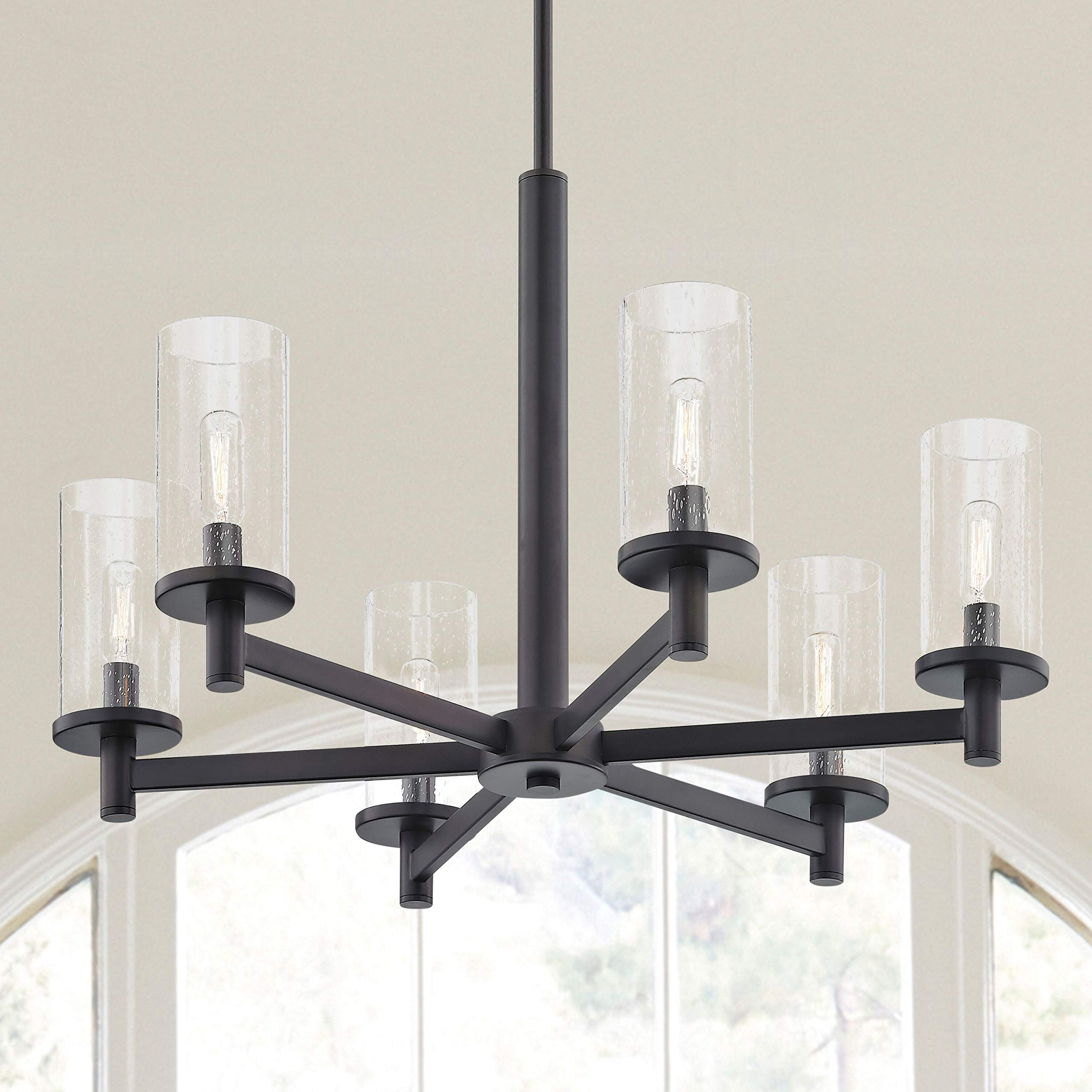 6-Light Modern Chandelier with Seeded Glass - Black Finish for Dining Room, Living Room & Bedroom Lighting