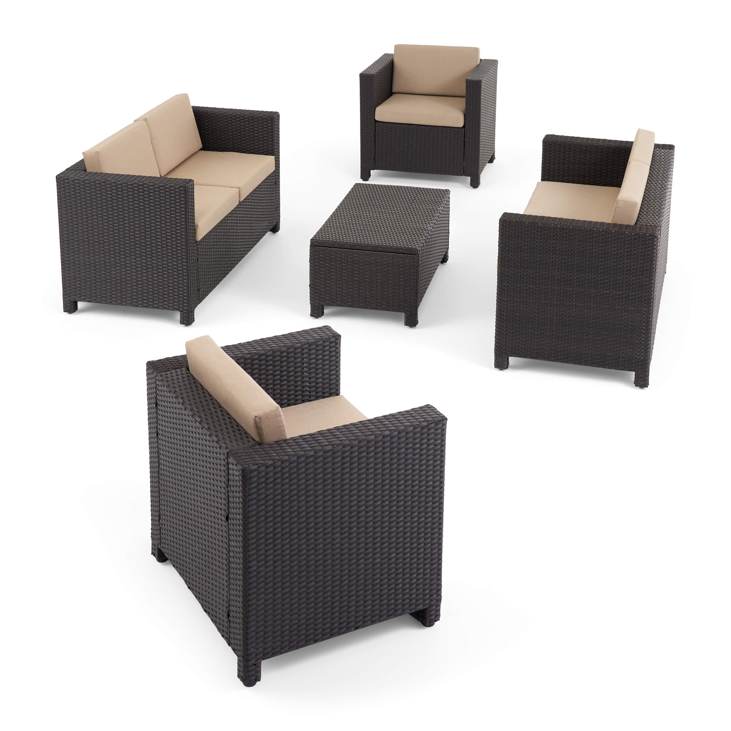 Premium 6-Piece Outdoor Patio Furniture Set with Cushions - Dark Brown & Beige Loveseat Chat Set for Garden, Backyard, Poolside or Deck (Weather-Resistant)