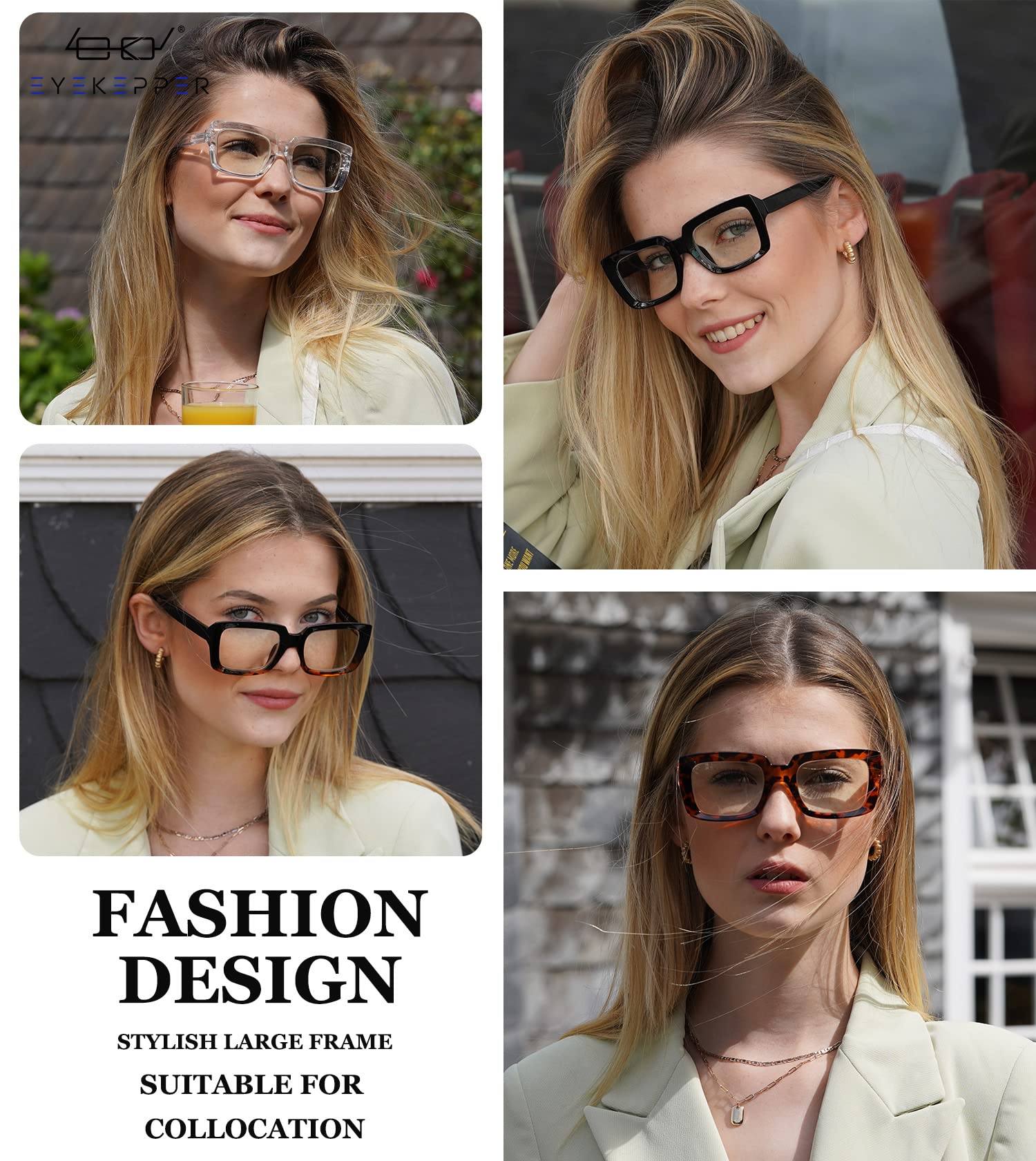 Eyekepper 4 Pack Blue Light Blocking Reading Glasses - Anti Glare Computer Glasses for Women & Men, Oversized Square Frame (0.00 Magnification) - Perfect for Office Work, Gaming & Screen Time