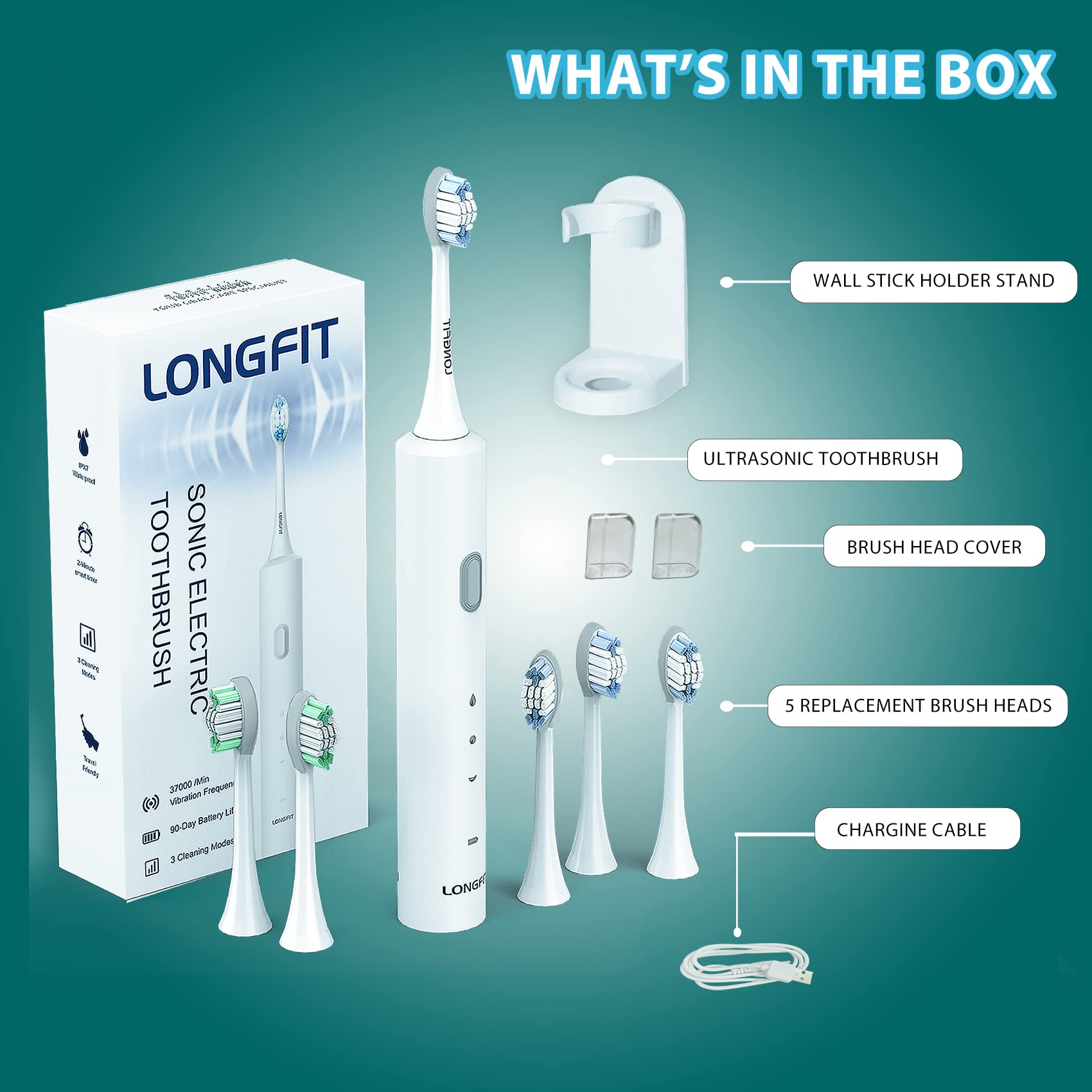 **Long Fit Electric Toothbrush for Adults – Ultrasonic 37,000 VPM, 5 Replacement Heads, 90-Day Battery Life, Sensitive & Massage Modes – Perfect for Travel, Home, and Sensitive Teeth Care**