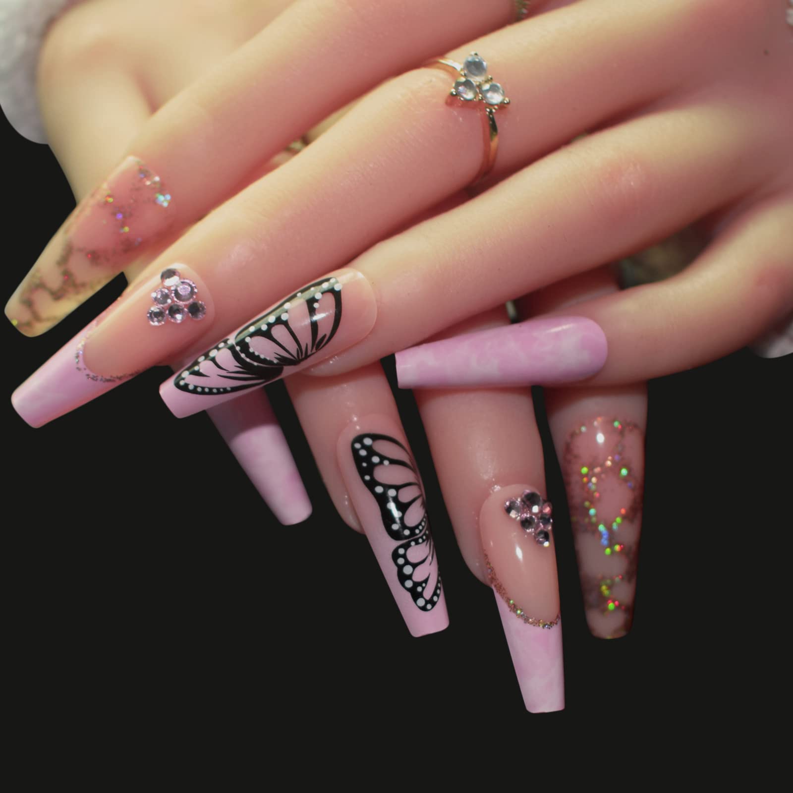 24 Pcs Long Fake Nails - Pink French Coffin Ballerina Press on Nails with Rhinestones & Glitter | False Nails with Nail Glue Stickers | Artificial Nails for Women & Girls | Perfect for Parties, Weddings & Special Occasions