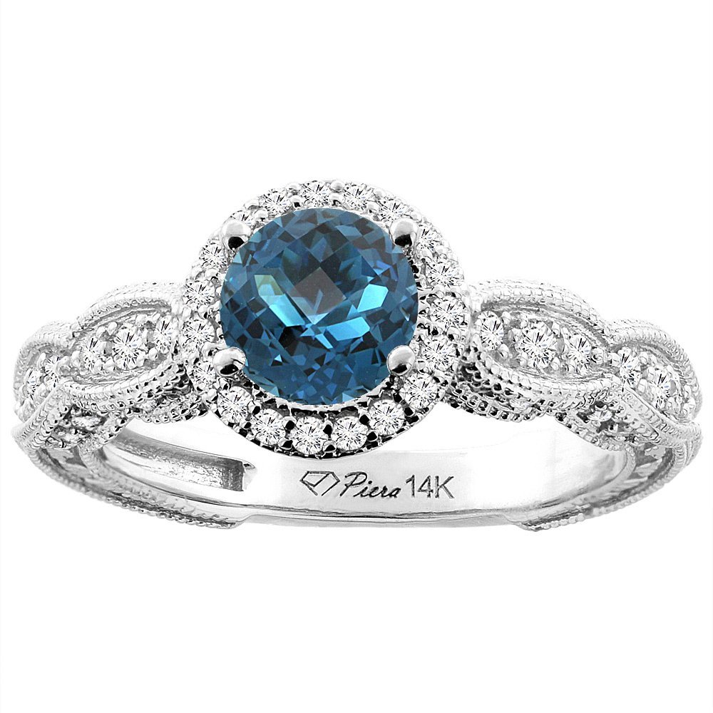 14K White Gold Natural London Blue Topaz & Diamond Halo Ring - Round 6mm, Size 5-10 | Elegant Engagement, Anniversary & Wedding Jewelry Gift for Women