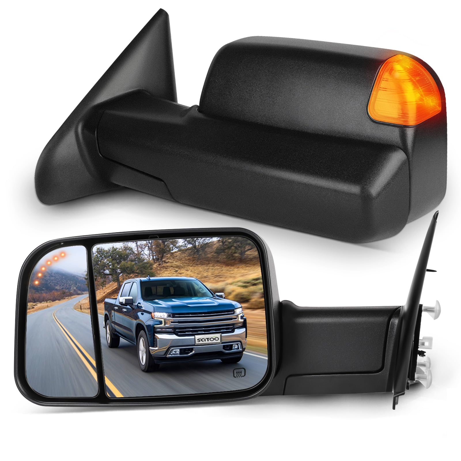 SCITOO Black Power Heated Towing Mirrors with LED Turn Signal - Fit for Dodge Ram 1500/2500/3500 (2002-2008) - LH RH Pair - Perfect for Towing, Off-Roading & Night Driving