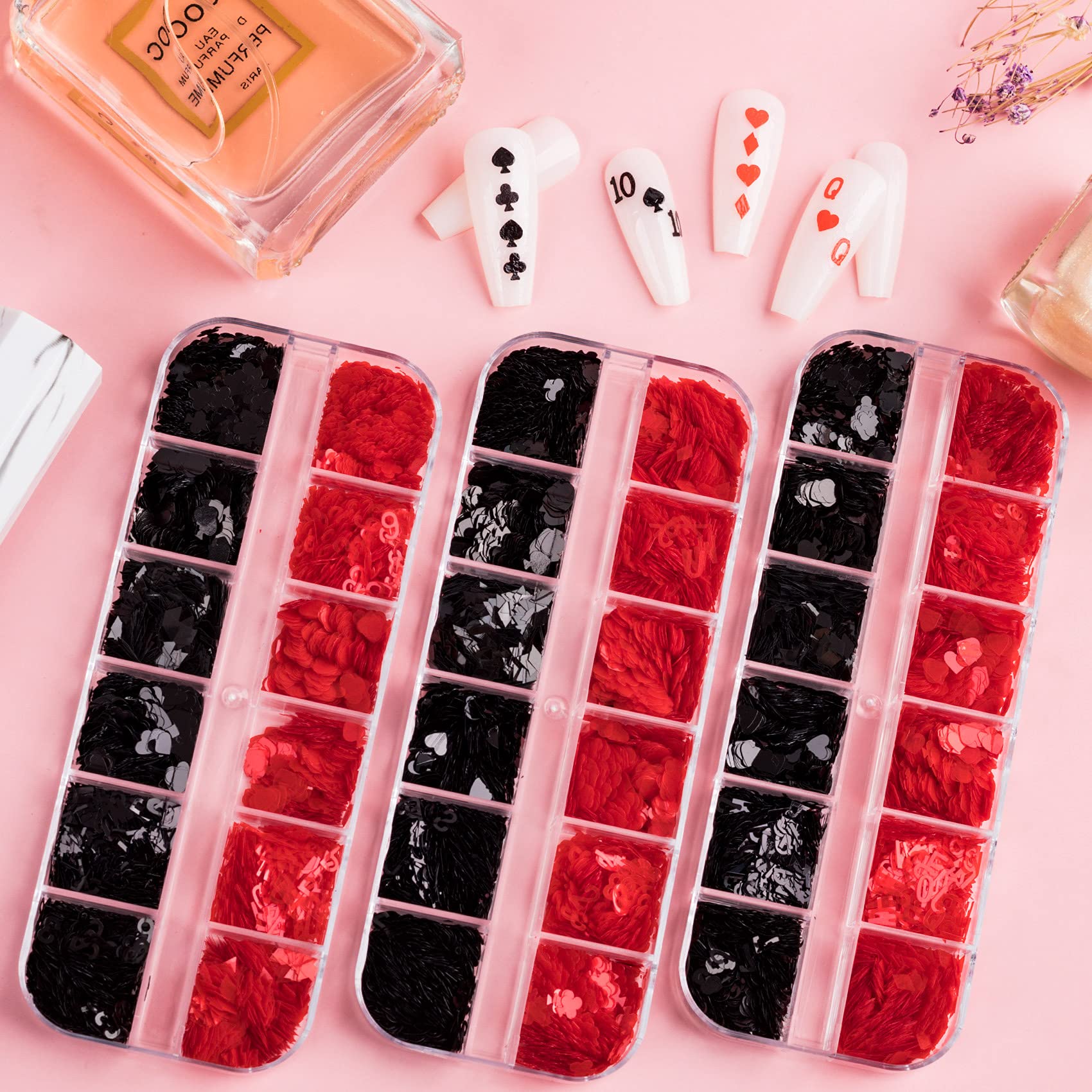 OIIKI 12 Grids Nail Art Sequins - Poker Nail Glitters with Numbers & Letters - Nail Accessories for Women & Girls - DIY Nail Art Decals & Resin Molds (3 Boxes) - Perfect for Nail Salon, Home Manicure & Party Nail Designs