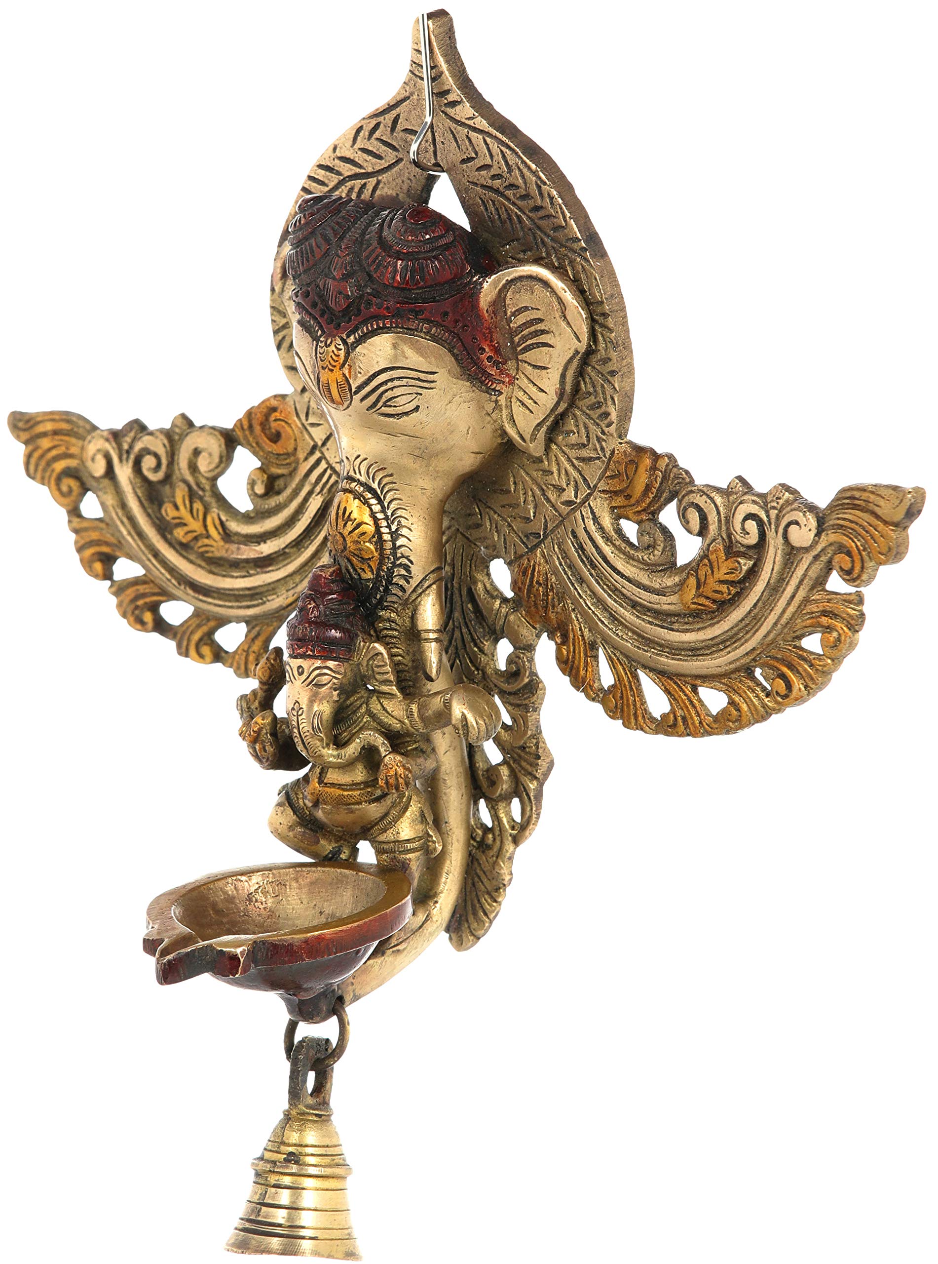Handmade Brass Ganesha Wall Hanging Mask with Dancing Lamp and Bell - Hindu Home Decor for Living Room, Meditation Space & Festival Decorations