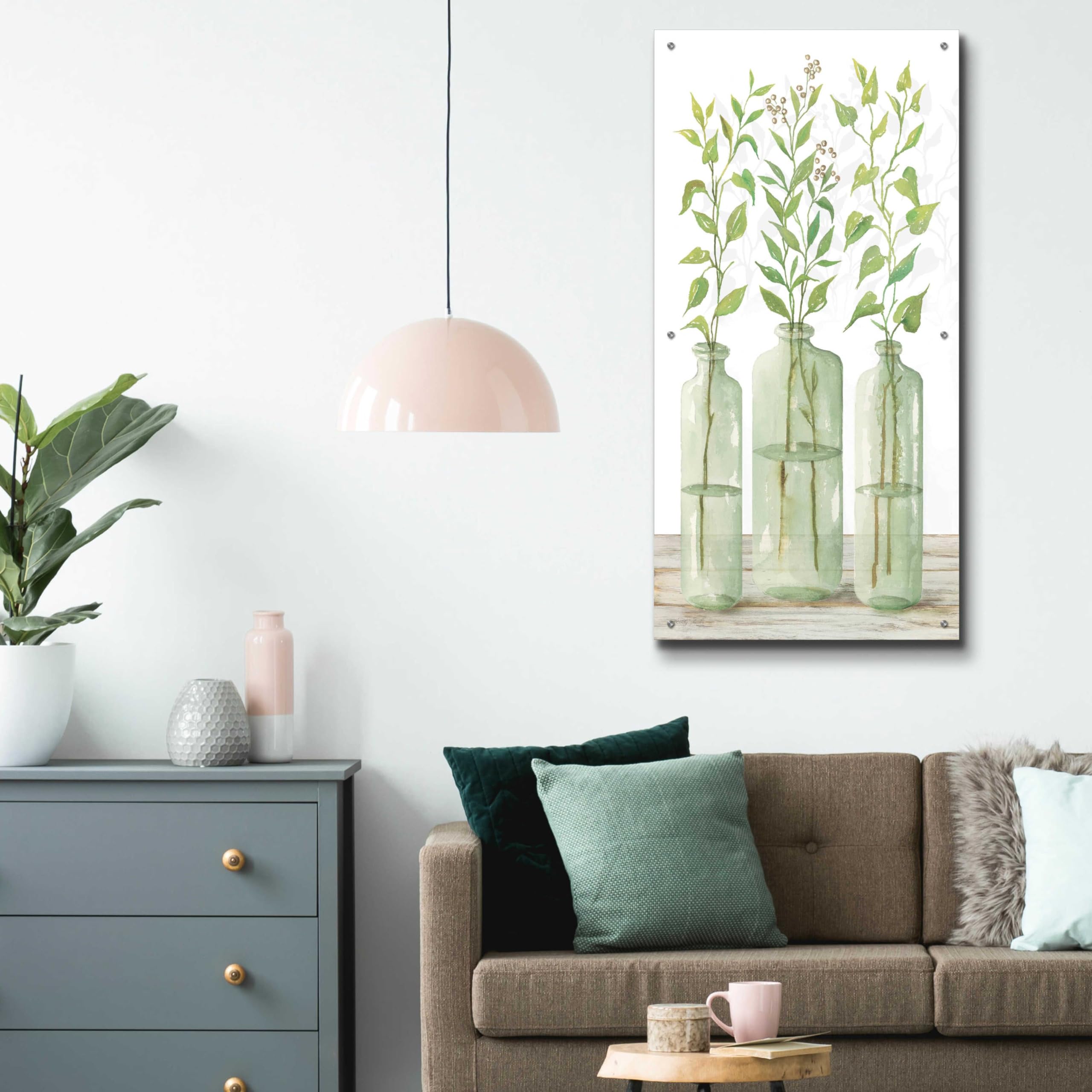 Epic Art 'Simple Leaves in Jar II' by Cindy Jacobs - 24x48 Inch Acrylic Glass Wall Decor - Modern Botanical Painting for Living Room, Bedroom & Office Decor