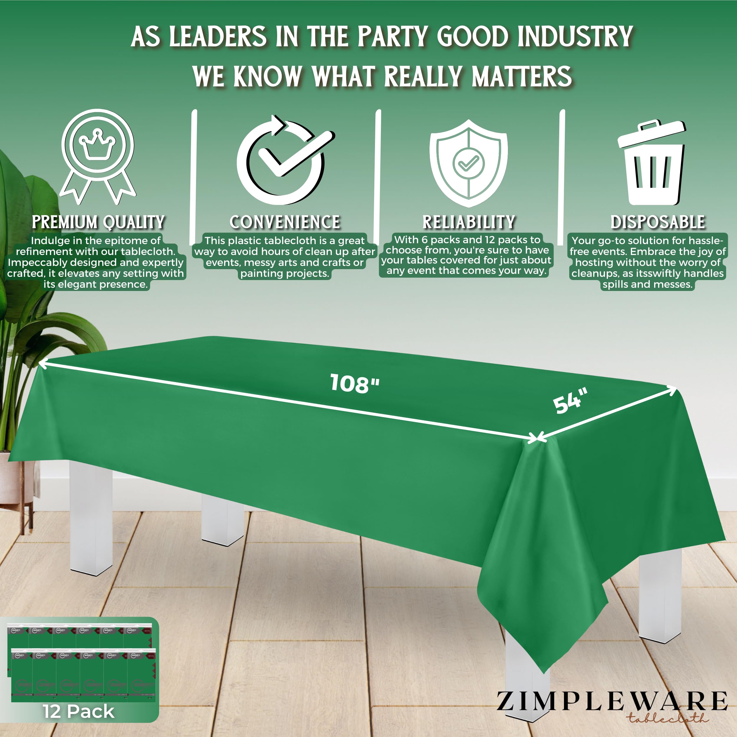 Premium Disposable Green Plastic Tablecloth (12 Pack) - 54x108 Inch Rectangle Table Cover for 6-8ft Tables - Waterproof & Wrinkle-Free for Parties, BBQs, Picnics & Outdoor Events