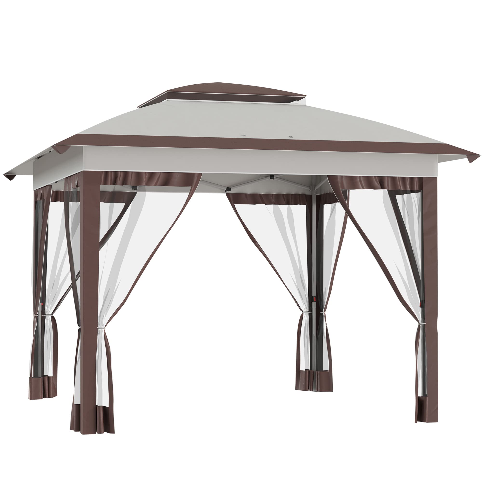 Outsunny 12' x 12' Pop Up Canopy Tent with Netting & Carry Bag - Instant Sun Shelter with 137 sq.ft Shade, Adjustable Height for Outdoor Events, Parties, Camping, Beach, Garden & Patio Use (Beige/Brown)