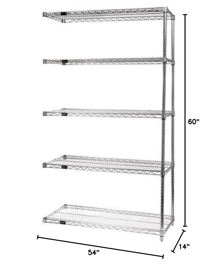 5-Shelf Chrome Wire Shelving Add-On Unit - 14 x 60 x 54 Inches | Heavy Duty Metal Storage Rack for Garage, Pantry, Closet & Commercial Use | Space-Saving Organization Solution