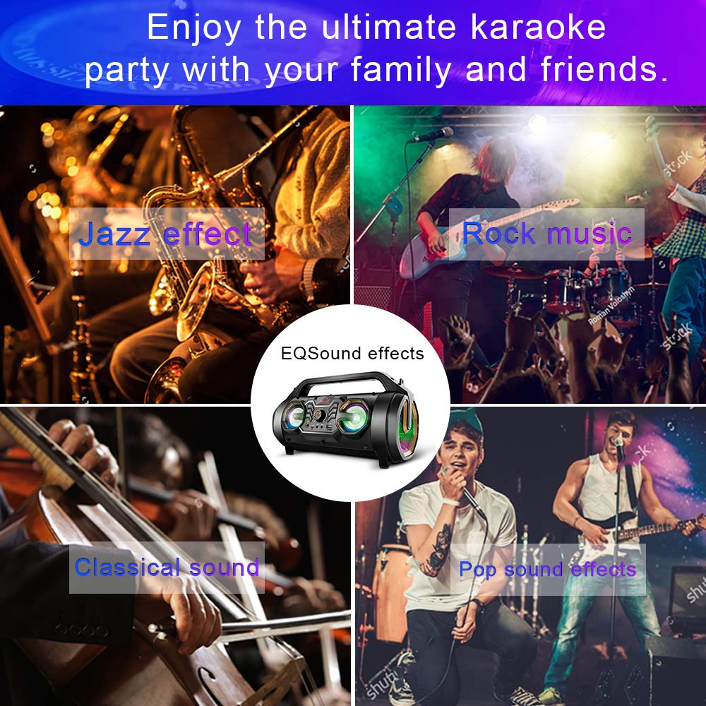 30W Bluetooth Speaker with Subwoofer, FM Radio, Colorful Lights, USB/AUX/TF Card/Mic Jack, Remote Control - Portable Wireless Boombox for Home, Party, Camping, Travel, and Outdoor Adventures